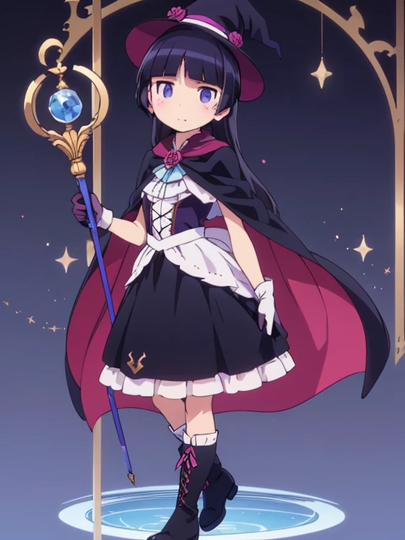 (masterpiece, highest quality:1.1), magician , 1 girl, alone, witch hat, gloves, dress, black costume、((long skirt))、boots, cape, staff, black socks, witch, ((ruri gokou)), anime style,