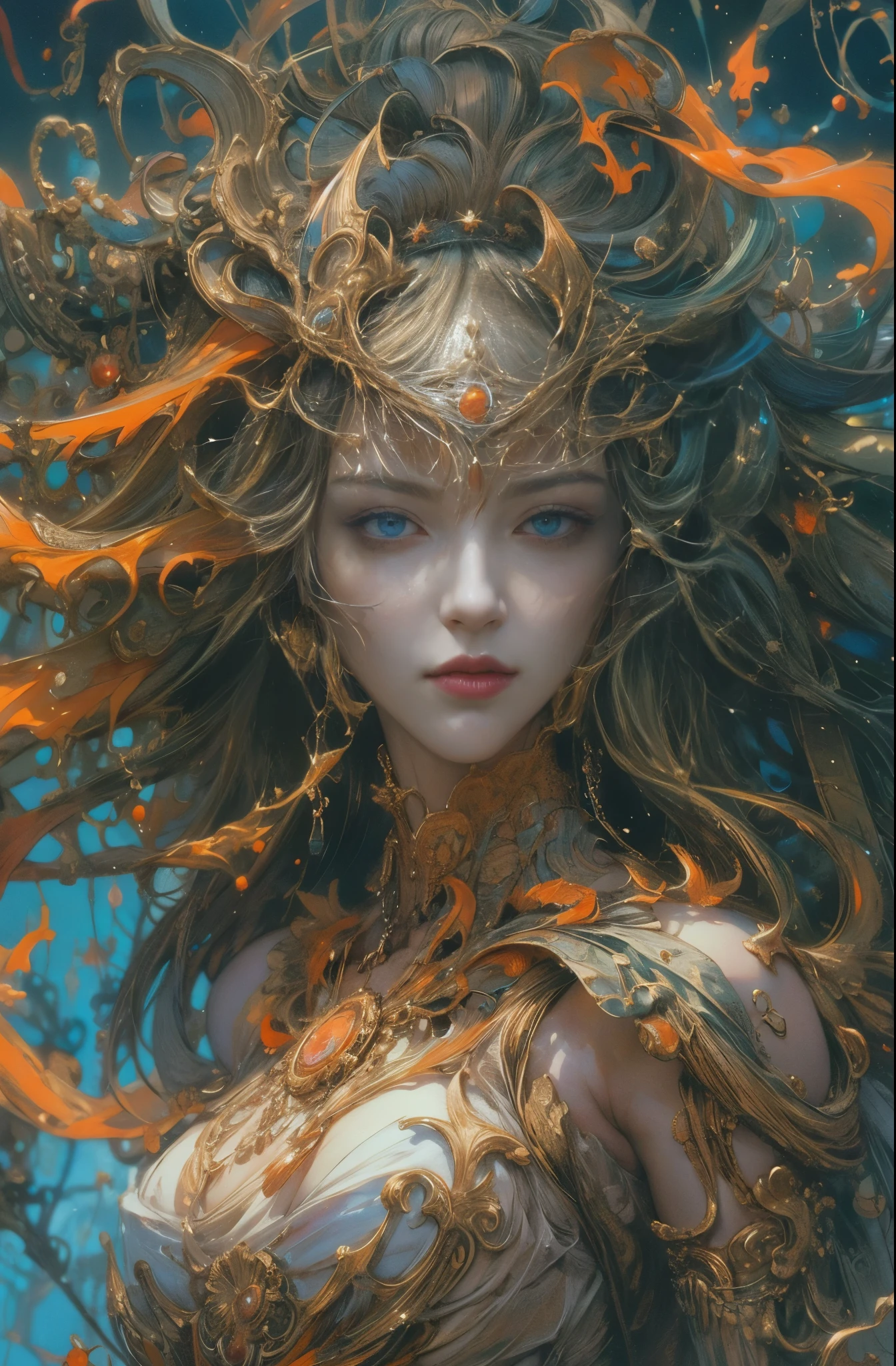 orange tone, spirit of flame, burning flame, Scorching Magma,goddess of fire, Raging flames, Goddess of Wrath, 4K fantasy art, Written by Gene Jay., fantasy art style, 2. 5D CGI Anime Fantasy Artwork, epic fantasy art style hd, Epic fantasy digital art style, detailed fantasy art, Detailed digital 2D fantasy art, Luan Jia and Artgerm, 8K fantasy art, sharp outline, very fine and beautiful eyes, Beautiful and delicate blue eyes, pretty much beautiful face, unparalleled beauty, masterpiece, highest quality, perfect angle, perfect composition, best shot, official art, cinematic light, very beautiful and fantastic scenery, chivalry dream, sense of presence, Michael&#39;S letter, Christoph Huge 、Ultra-precision coating, Luminousism, art by Carne Griffiths and What a bone concept art, 4K resolution, Fractal isometricdetailed bioluminescence , 3D rendering, octane rendering, intricately detailed , cinematic, Trending isometric surreal cover photos、art station&#39;amazing full color, handwritten, Defining a hit , cinematic,amazing background, abstract beauty,stand, approaching perfection, pure form, golden ratio, minimalistic, unfinished, concept art, Written by Brian Froud、khan griffith、What a bone、john william waterhouse, intricate details, 8K post production, High resolution, hyper detail, art stationのトレンド, studio photography, intricate details, Extremely delicate and detailed painting style, Beautiful painting art, greg latkowski, close, women only