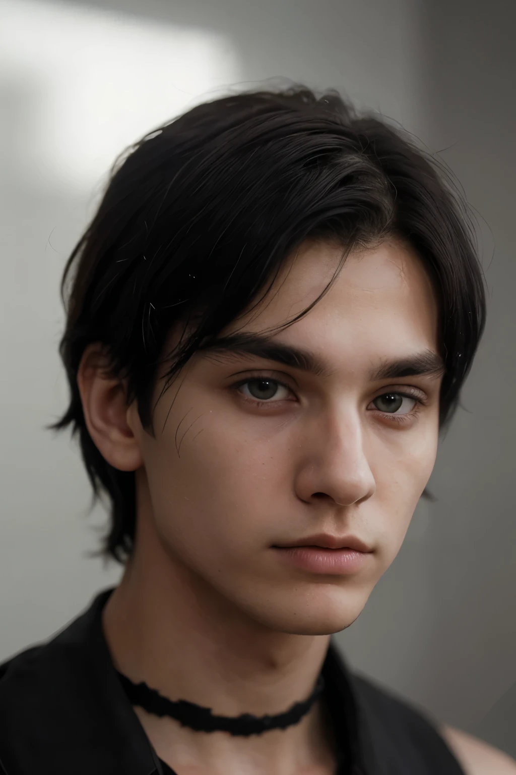 High-definition portrait of a ((cute young man)) of about (()) with ((medium-length black hair falling delicately over his cheekbones)), highlighting his delicate features, perfect and realistic skin. His piercing ((dark grey eyes)) look directly into the camera, capturing the viewer's attention. (he is wearing dark designer clothes, the background is a photographic studio. The natural light highlights his complexion (((extra pale))), creating an intriguing contrast. The close-up composition allows us to appreciate every detail of her face, The image has a photorealistic style:1.4, with an ultra high resolution of 16k, captured with an i phone 15pro and UHD.((best quality)), ((masterpiece)), (detailed), perfect face