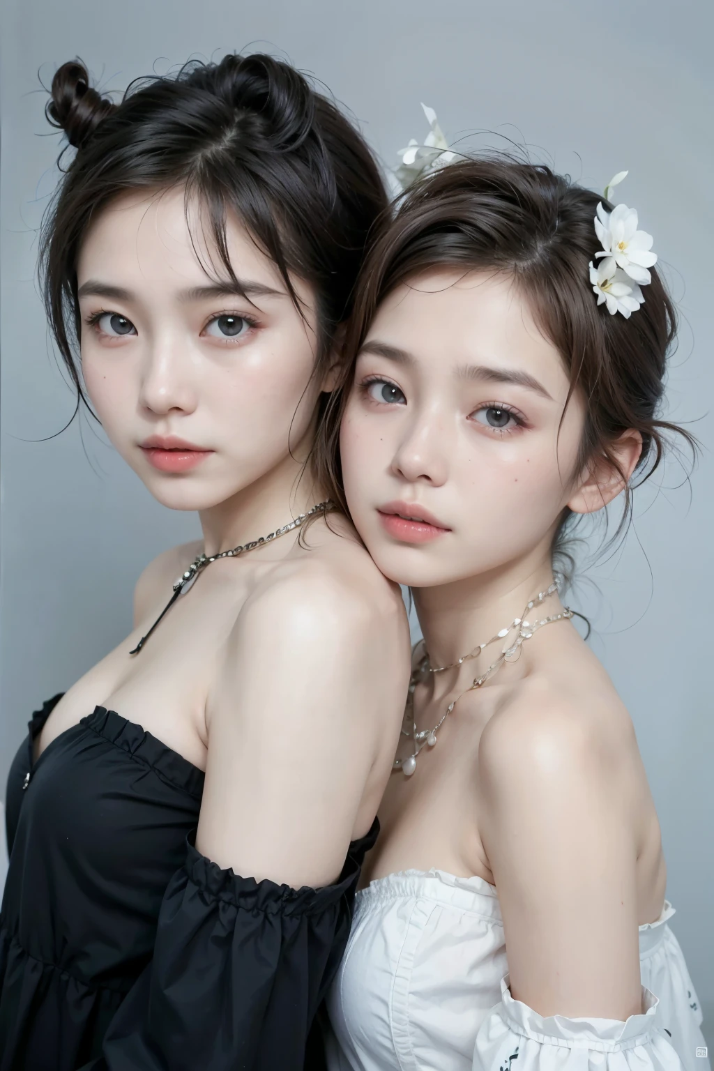 Two Asian women in black and white dresses posing for a photo, hermosos gemelos geminis portrait, maquillaje popular de corea del sur, maquillaje coreano popular, hermosos gemelos geminis, sakimichan, ulzzang, yanjun chengt, nixeu y sakimichan, ruan jia and germen de arte, korean symmetrical face, ig model | germen de arte