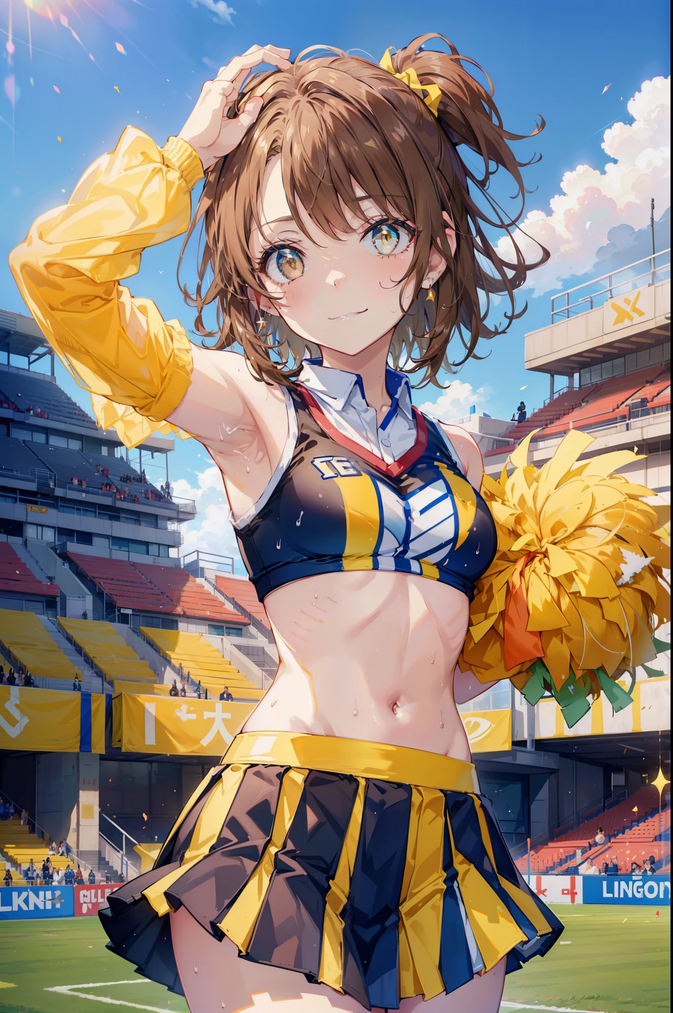 irohaisshiki, iroha isshiki, short hair, brown hair, (brown eyes:1.5), smile,happy smile, smile, open your mouth,(cheer leading), (whole body), medium chest, (sweaty), sweaty Wet Clothes, (yellow clothes),Yellow pleated skirt,sneakers , Navel support, playground, (jump), (jump), 足を曲げてjumpする, air, blue sky, Grass原, smile,Cheerleader, Pom-poms in both hands \(cheer leading\)have, Grass, smile,
break outdoors,stadium,
break looking at viewer,Upper body,(cowboy shot:1.5),
break (masterpiece:1.2), highest quality, High resolution, unity 8k wallpaper, (figure:0.8), (detailed and beautiful eyes:1.6), highly detailed face, perfect lighting, Very detailed CG, (perfect hands, perfect anatomy),