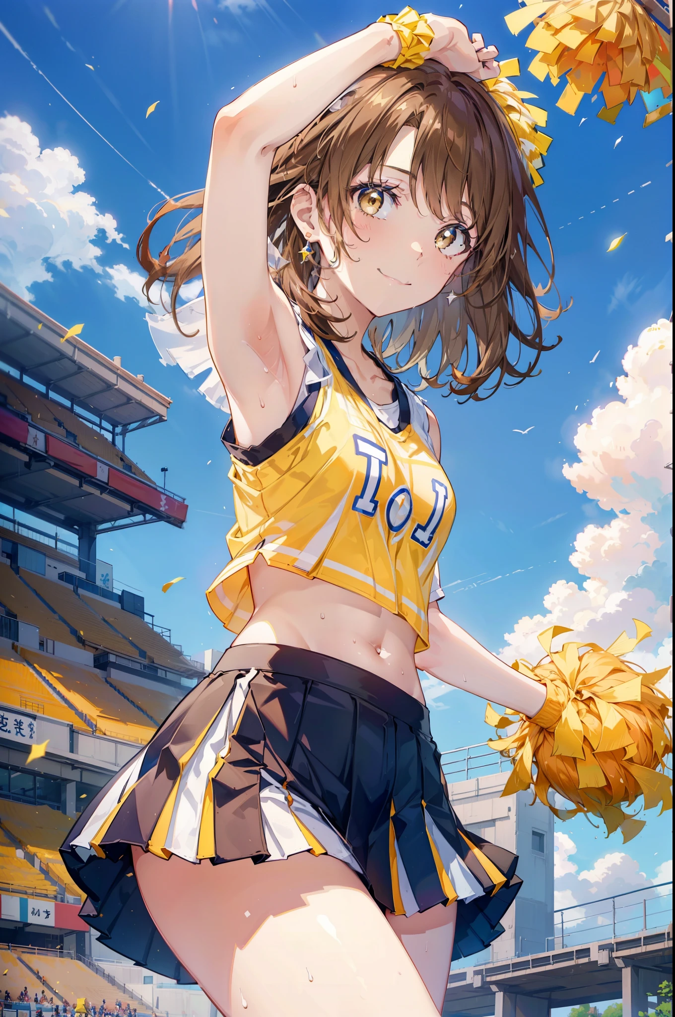 irohaisshiki, iroha isshiki, short hair, brown hair, (brown eyes:1.5), smile,happy smile, smile, open your mouth,(cheer leading), (whole body), medium chest, (sweaty), sweaty Wet Clothes, (yellow clothes),Yellow pleated skirt,sneakers , Navel support, playground, (jump), (jump), 足を曲げてjumpする, air, blue sky, Grass原, smile,Cheerleader, Pom-poms in both hands \(cheer leading\)have, Grass, smile, 
break outdoors,stadium,
break looking at viewer,Upper body,(cowboy shot:1.5),
break (masterpiece:1.2), highest quality, High resolution, unity 8k wallpaper, (figure:0.8), (detailed and beautiful eyes:1.6), highly detailed face, perfect lighting, Very detailed CG, (perfect hands, perfect anatomy),