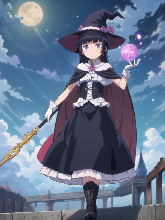 (masterpiece, highest quality:1.1), magician , 1 girl, alone, witch hat, gloves, dress, black costume、((long skirt))、boots, cape, staff, black socks, witch, ((ruri gokou)), anime style,