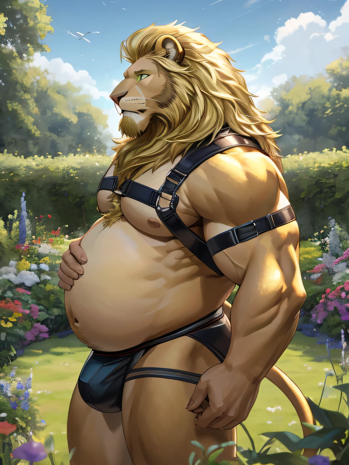 (best quality,highres:1.2),ultra-detailed,realistic:1.37,Lion,male,long and blonde mane,blonde beard on chin,green eyes,big belly,fat belly,tight and revealing jockstrap,chest harness,in a garden,back view