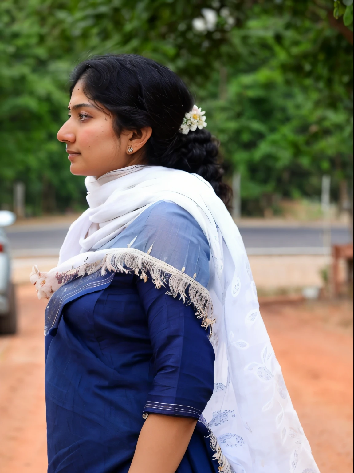 there is a woman in a blue dress and a white shawl, powerful detail, very crisp details, inspired by T. K. Padmini, wearing a sari, profile pose, with lovely look, photo of a woman, photo still of behind view, standing in road, centre image, wearing traditional garb, print ready, thought-provoking, dressed in a sari