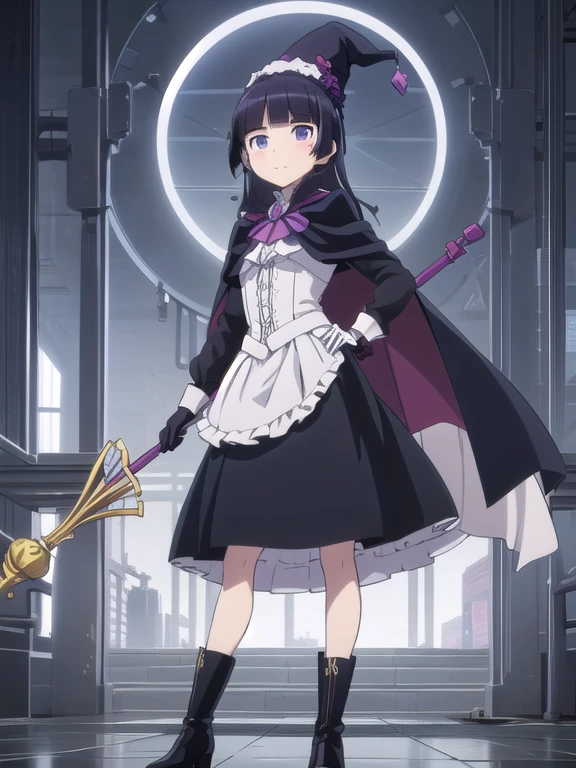 (masterpiece, highest quality:1.1), magician , 1 girl, alone, witch hat, gloves, dress, black costume、((long skirt))、boots, cape, staff, black socks, witch, ((ruri gokou)), anime style,