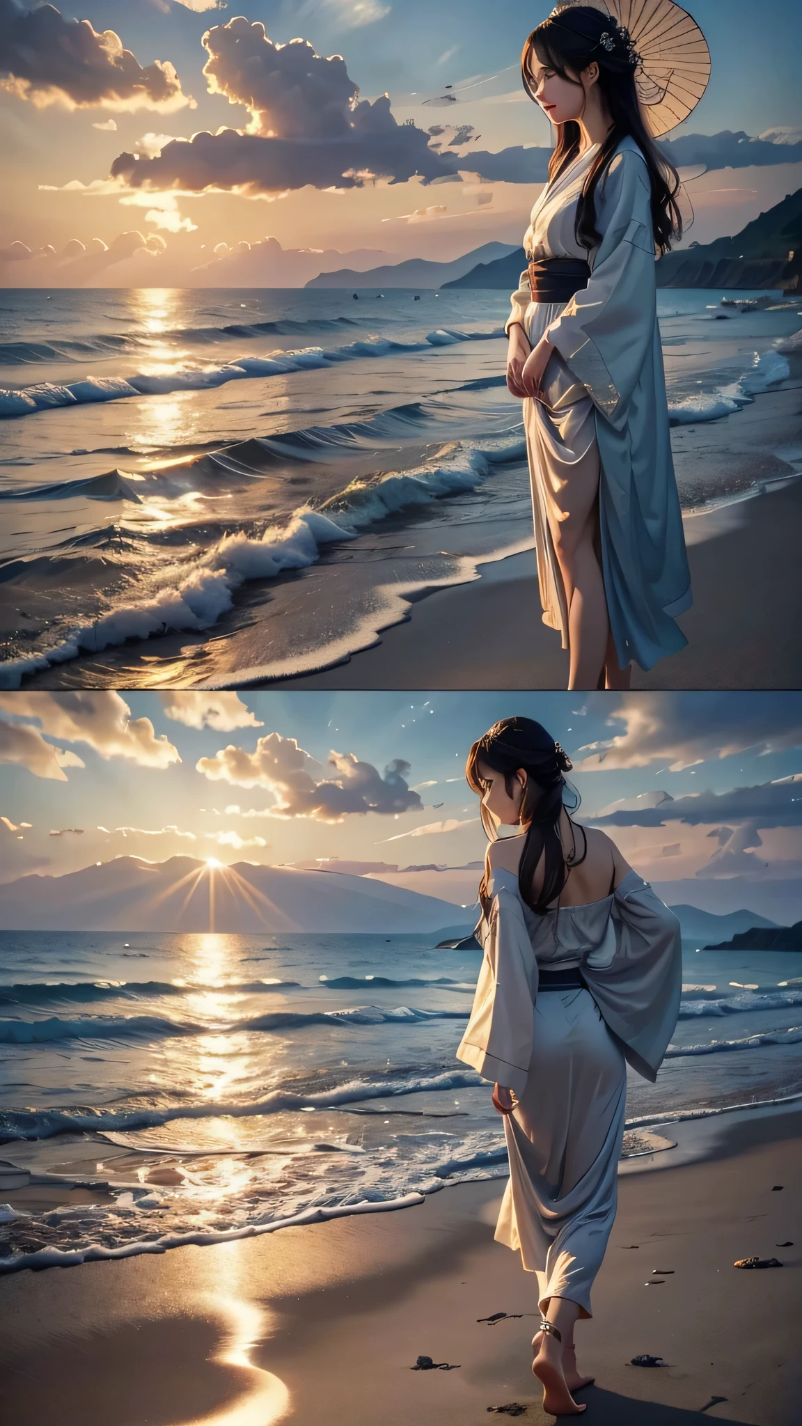 (Close-up:1.4)、(RAW photo:1.2)、(photorealistic:1.4)、(masterpiece:1.3)、(highest quality:1.4)、young japanese woman、(night scenery:1.2)、thin clothes、Very beautiful lovely most beautiful girl、Put one foot in the sea、standing on tiptoe、pretty girl、Landscape、Between the horizon and the sea、view from the side、Ripples spreading from the toes、Standing about 20 meters away、on the sea、The whole scene shineeteors、illumination、