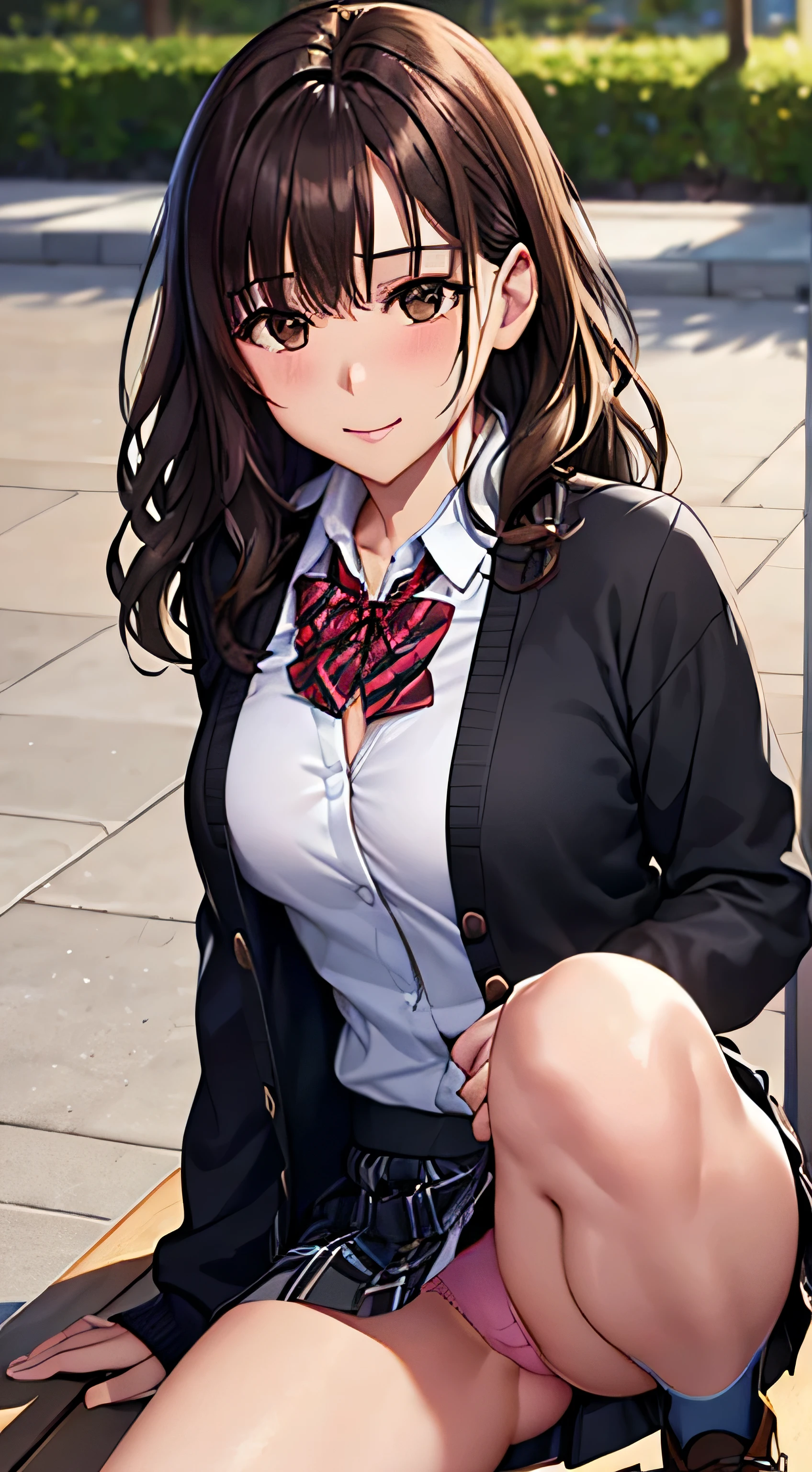 (table top, highest quality, High resolution, , perfect pixel, 4k,), 1 girl, single, alone, Beautiful woman、I could see the whole body、 ((wavy middle hair, bangs, brown hair)), ((brown eyes, beautiful eyelashes, realistic eyes)), ((detailed face, blush:1.2)), ((smooth texture:0.75, realistic texture:0.65, realistic:1.1, Anime CG style)), medium breasts, dynamic angle, perfect body, ((red bow tie, , black jacket, open jacket,cardigan, white shirt, black skirt, shirt unbuttoned、plaid skirt)), upper grade、shy smile、school poolside、evening、sit on a bench、(open your legs、get down on one knee、、pink floral lace panties)、