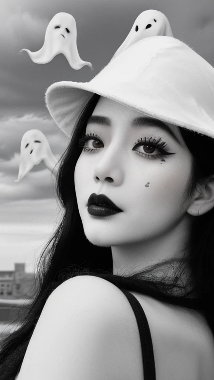 (black and white:1.2), (monochrome photography:1.2), (concrete, cement, cruelty:1.3), Unusual angle view, Close-up shot of a Korean girl&#39;s face, black eyeliner, black eyeshadow, black lips, black eyebrows, black makeup, (Evil, Representation of ghosts:1.5), wear latex, Thigh high, Brutal city building, Stormy cloudy sky, Heavy dark clouds, detailed skin texture, skin pores, skin fuzz, wool, I get goosebumps, detailed face,  intricately detailed, Depth of the bounds written, Dramatic backlighting, cinematic LUTs, film grain