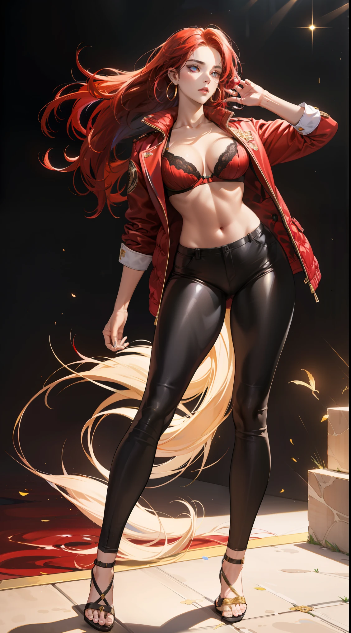 (best quality:1.5, highres, UHD, 4K, detailed lighting, shaders),best quality eyes, perfect hands, perfect finger , red floral haired, gradient hair, big breasts, red bra, big thighs, big butt, red jacket, red long pants, mature woman , (pov), black background, colorful eyeshadow, dramatic lighting, sparkling eyes, sensual expression, golden earrings, flowing hair, delicate facial features, dark skin, high cheekbones, urban setting, full body, black background, dont look for the camera, lean forward, behind the camera