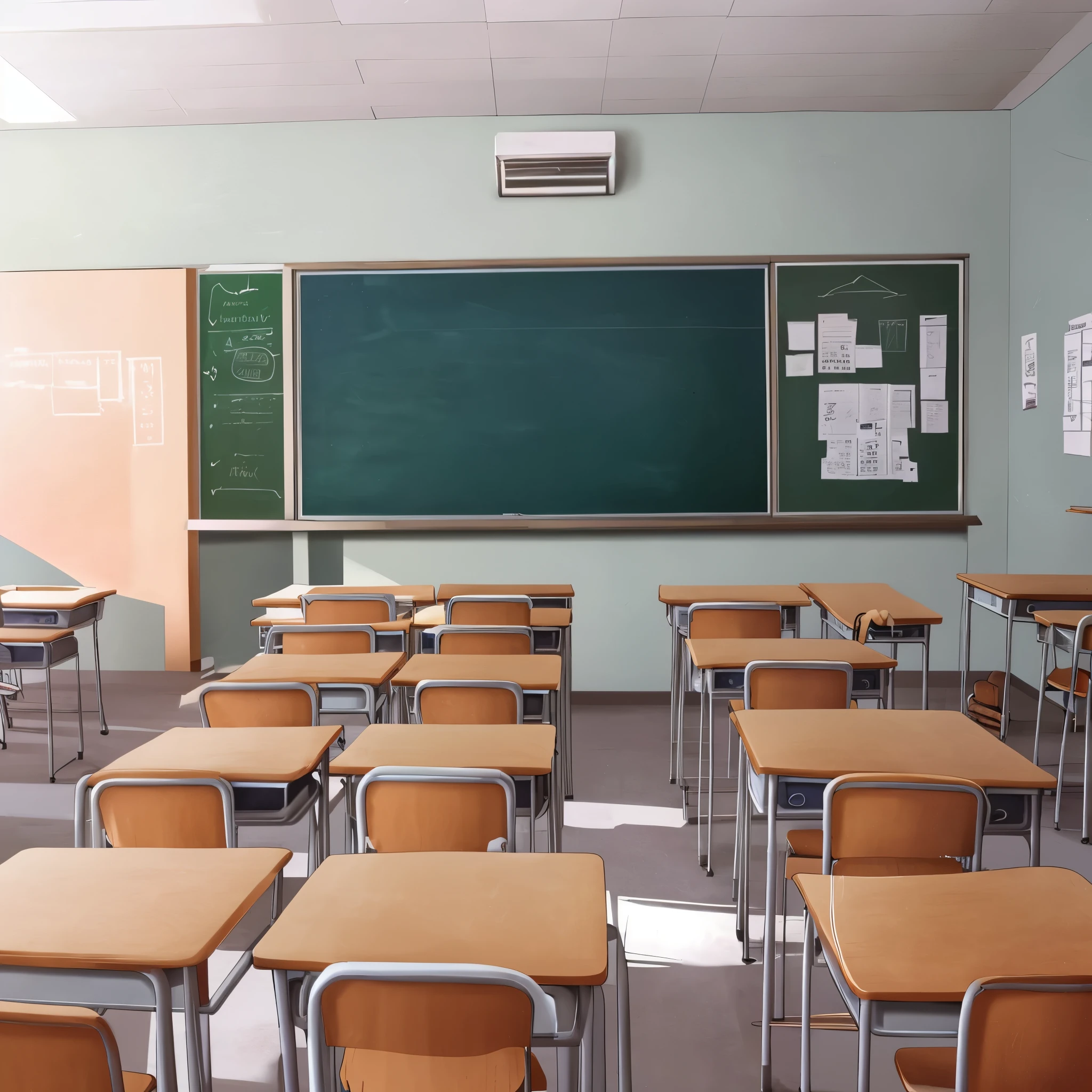 Classroom, desks and chairs, chalk board 