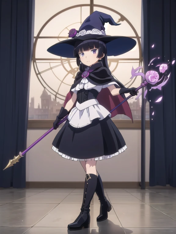 (masterpiece, highest quality:1.1), magician , 1 girl, alone, witch hat, gloves, dress, black costume、((long skirt))、boots, cape, staff, black socks, witch, ((ruri gokou)), anime style,