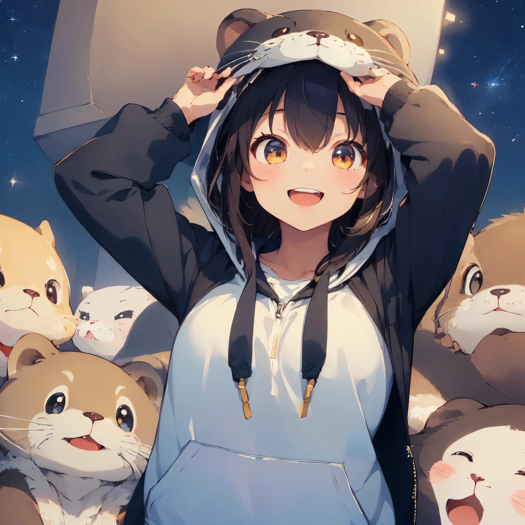 (masterpiece:1.2), (highest quality:1.2), (High resolution:1.2),1 girl , Cute otter hoodie, smile、open your mouth、Upper body、Next to me is a cute otter