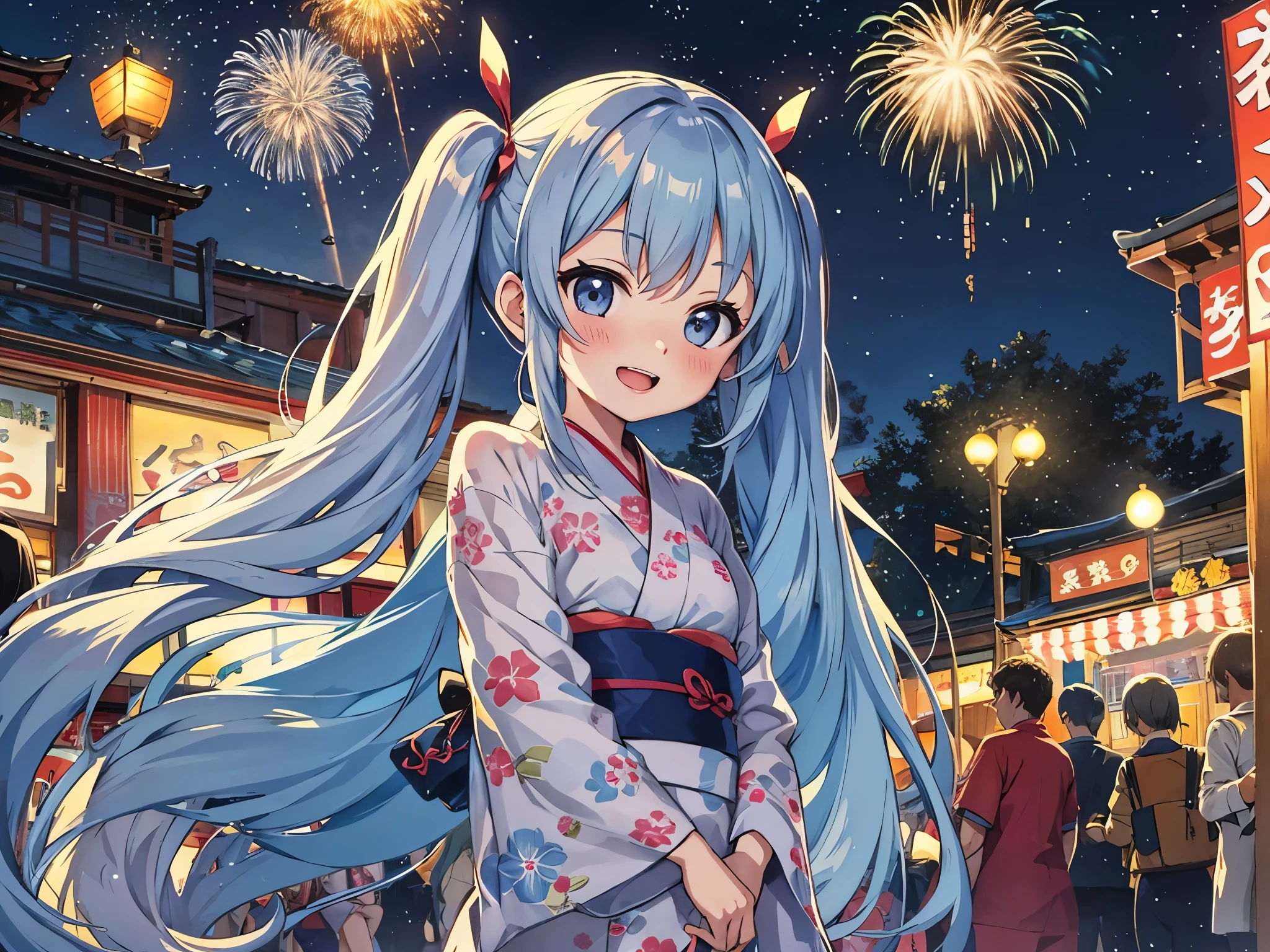 ,Girl in Yukata,light blue long hair、Chibi character with twin tails、Have fun with friends、Outstanding smile,Summer festival,night,Opening a store,Spirit Stream,Large fireworks,There are a lot of people、