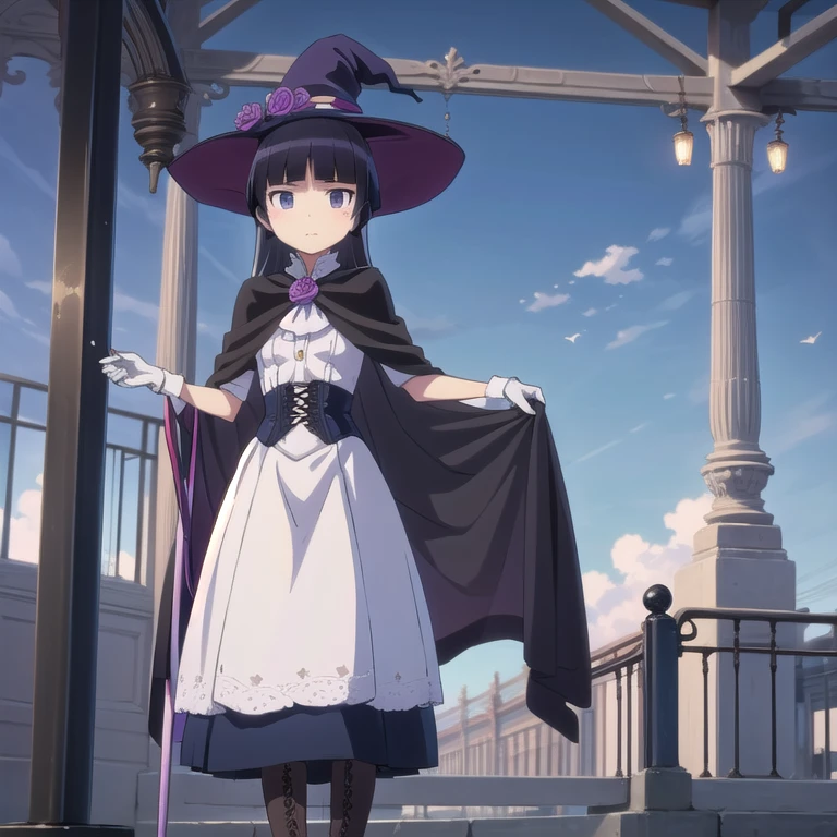 (masterpiece, highest quality:1.1), magician , 1 girl, alone, witch hat, gloves, dress, black costume、((long skirt))、boots, cape, staff, black socks, witch, ((ruri gokou)), anime style,