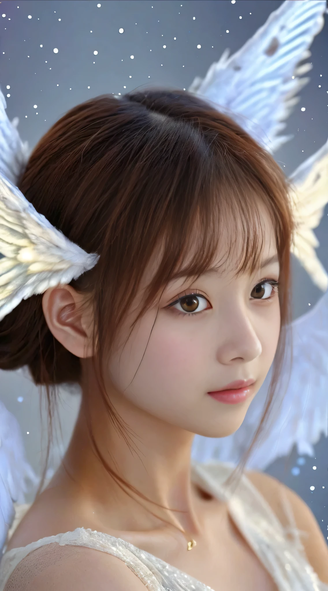 In a fantastic space in outer space, there is a cute angel girl with a ring on her head. Highest image quality High resolution I can see the earth Girl close-up image