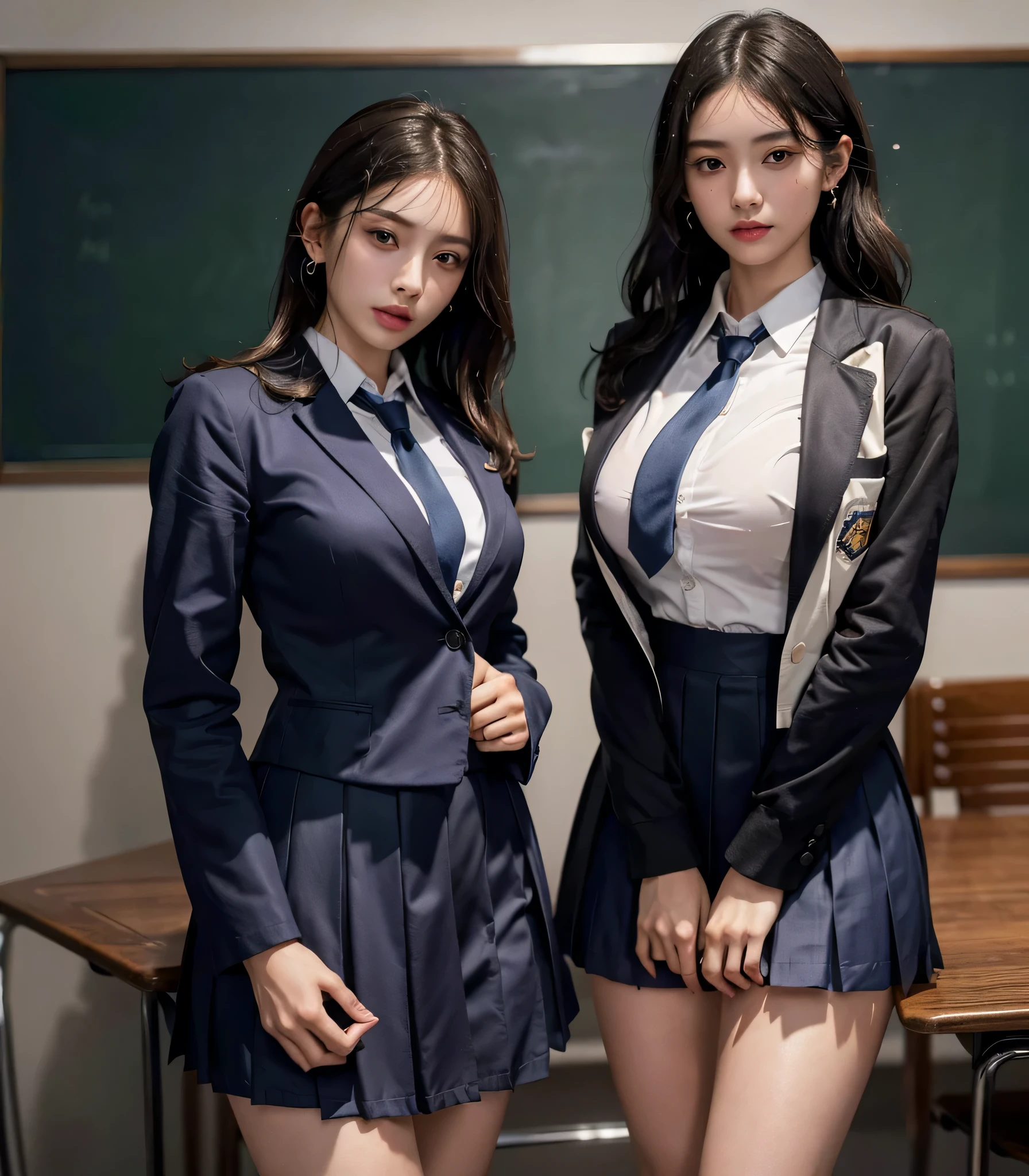 absurdres, RAW photo, extremely delicate and beautiful, masterpiece, Best Quality, ultra high resolution, 32k, hyperrealistic, ultra-detailed, perfect anatomy, perfect figure, super Detailed skin, Very detailed CG 8k wallpaper, very Slim body, narrow waist, very small head, very small face, delicate facial features, tearful mole, earring, thin legs, (very huge round breasts:1.3), (full body shot:1.1), (2 girls:1.5), short hair, (wavy hair:1.2), wet clothes, (school uniform:1.3), (blazer:1.2), (collared dress shirt:1.1),
