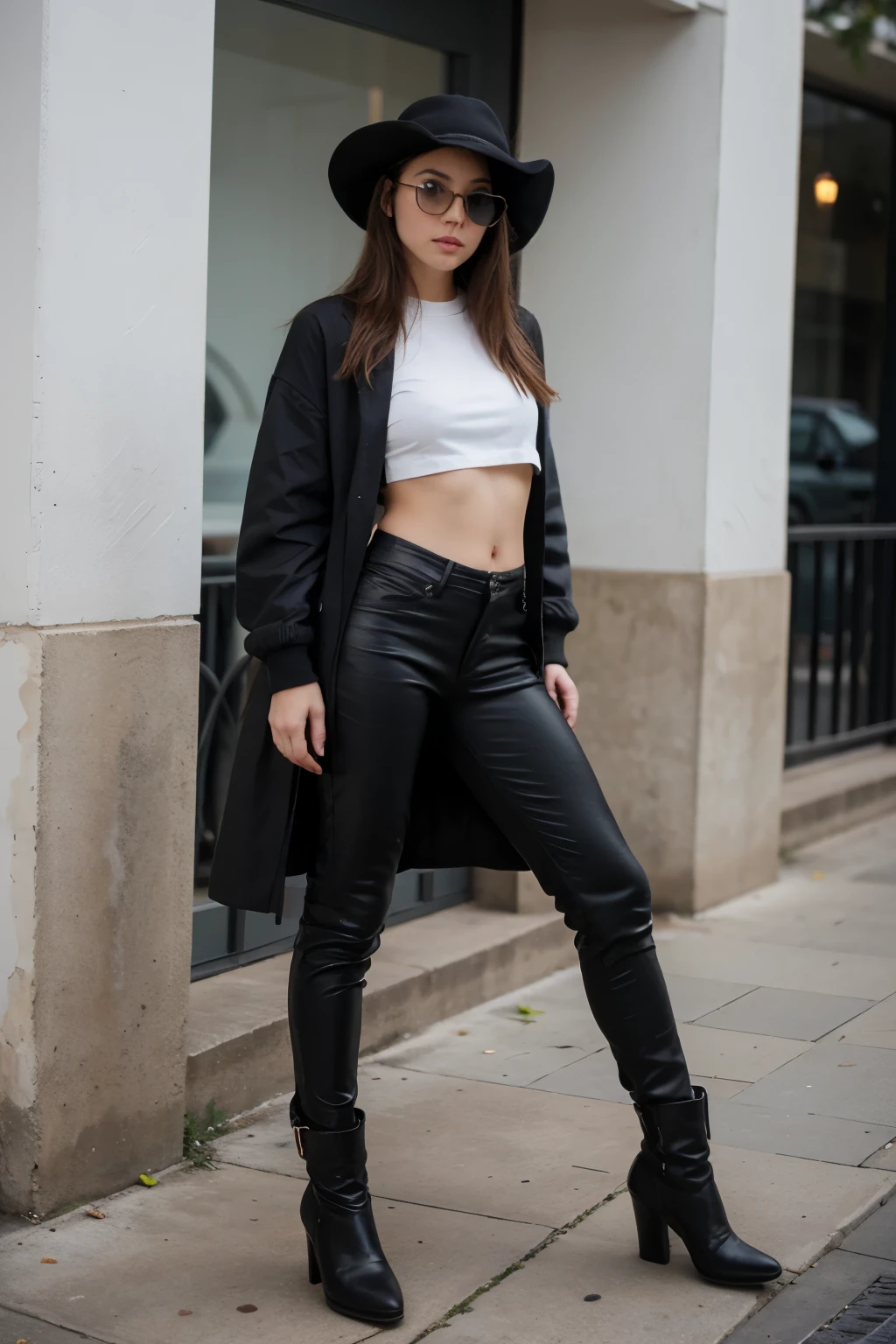 photograph of a 20 year old woman, cara perfecta, obra maestra, Bien, ropa de abrigo negra, gorro negro, gafas rojas, botas con tacones altos, pantalon vaquero azul