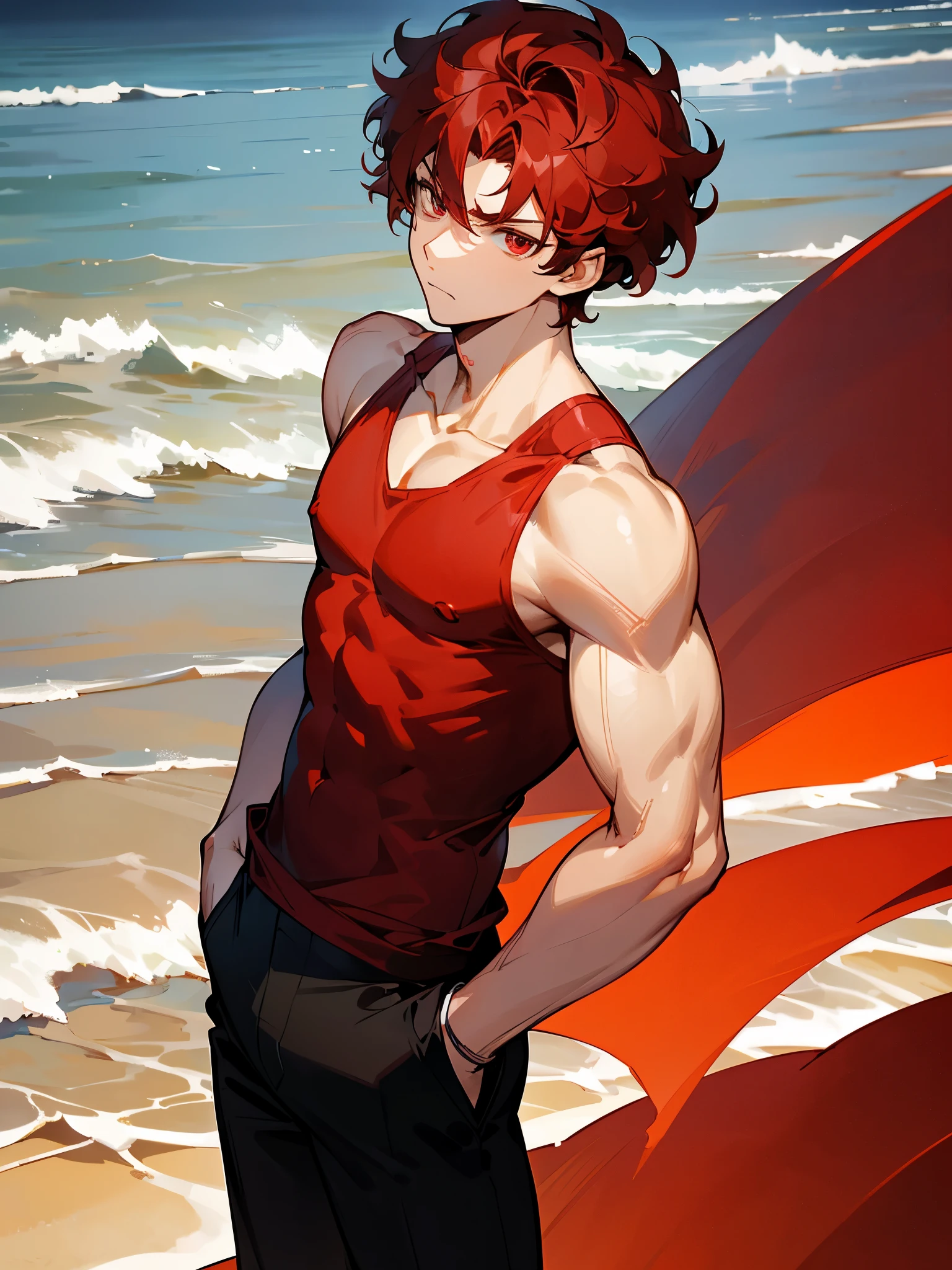 1male, young male, Dark Red Hair,Short Hair, Crimson Red Eyes, Muscular, Curly Hair, Red tank-top, Black Pants, serious expression, Red Aura, red gem on chest, beach background, arms in pockets, standing in middle