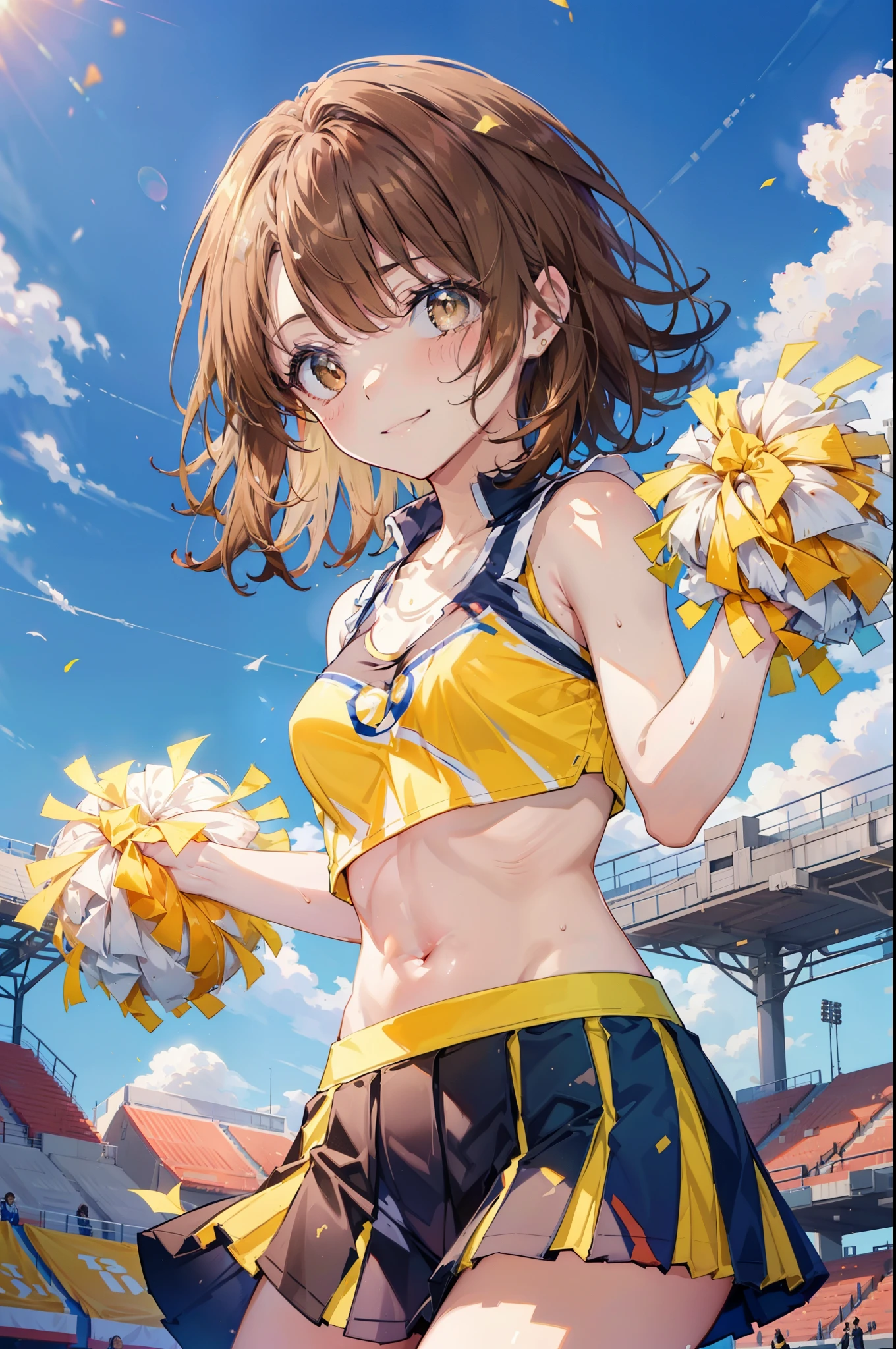 irohaisshiki, iroha isshiki, short hair, brown hair, (brown eyes:1.5), smile,happy smile, smile, open your mouth,(cheer leading), (whole body), medium chest, (sweaty), sweaty Wet Clothes, (yellow clothes),Yellow pleated skirt,sneakers , Navel support, playground, (jump), (jump), 足を曲げてjumpする, air, blue sky, Grass原, smile,Cheerleader, Pom-poms in both hands \(cheer leading\)have, Grass, smile,
break outdoors,stadium,
break looking at viewer,Upper body,(cowboy shot:1.5),
break (masterpiece:1.2), highest quality, High resolution, unity 8k wallpaper, (figure:0.8), (detailed and beautiful eyes:1.6), highly detailed face, perfect lighting, Very detailed CG, (perfect hands, perfect anatomy),
