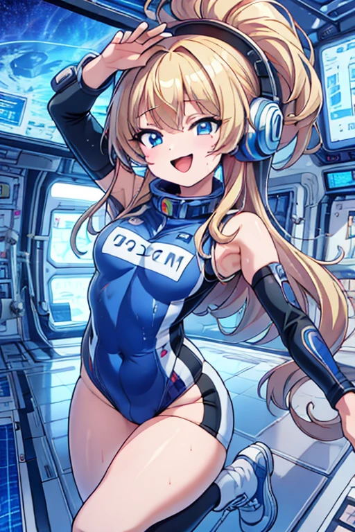 top-quality,Top image quality,in 8K,4K,masterpiece,ultra-detailliert,Beautiful,ultra-quality, best quality,high resolution, ultra-detailed,game cg,dutch angle,(acrobatic pose):5,jumping:5,(inside spacestation,)beautiful detailed eyes,five fingers,headphone,nsfw,a beauty girl,(astrovest):5,(track uniforms),wet,(steam:1.5),Running form,open open mouth,(blonde hair),(long hair):2,Navel,space_station_interior, exercise_room, futuristic, high_technology, zero_gravity_exercise_equipment, high_resolution_landscape, sleek_design, minimalistic, 8K_resolution, game_cg_style, Dutch_angle, detailed_character, track_uniform, perfect_running_form, intense_expression, detailed_eyes, determination, steam:1.5, beauty, strength, five_fingers, visible_navel, open_mouth, ultra_quality, high_resolution, ultra_detailed,astrovest