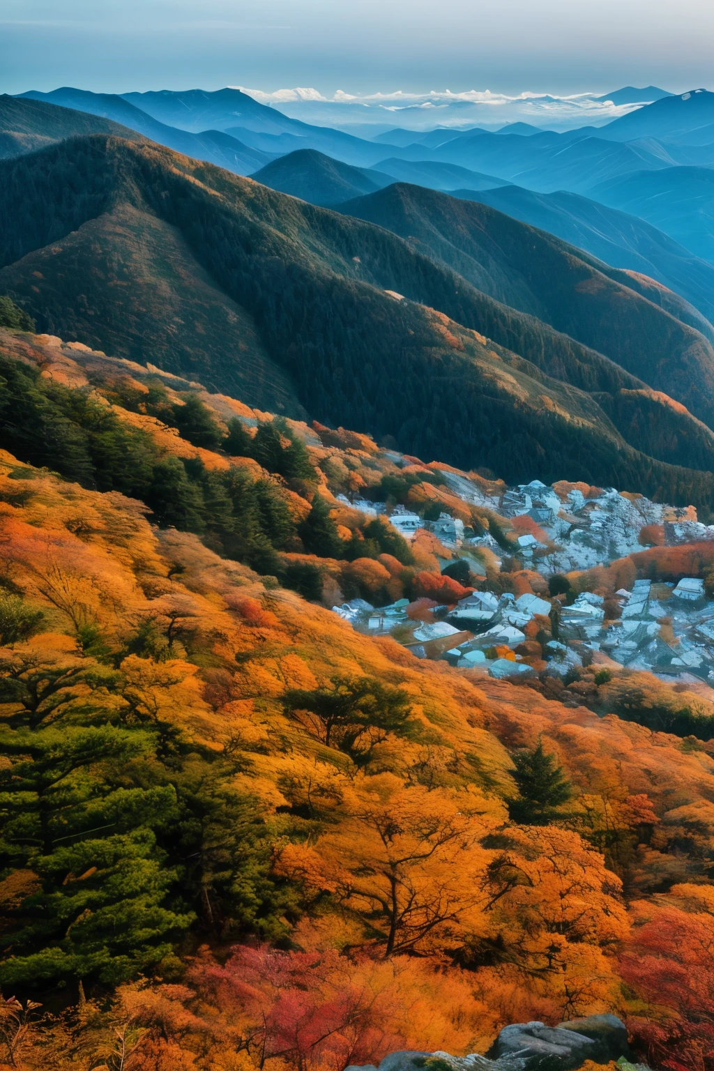 Landscape, Landscape viewed from mountain top, Japan, detail, realistic, ultra realistic, 8k uhd, DSLR, soft lighting, high quality, film grain, Fujifilm XT3, (Masterpiece) <la:add_detail:1