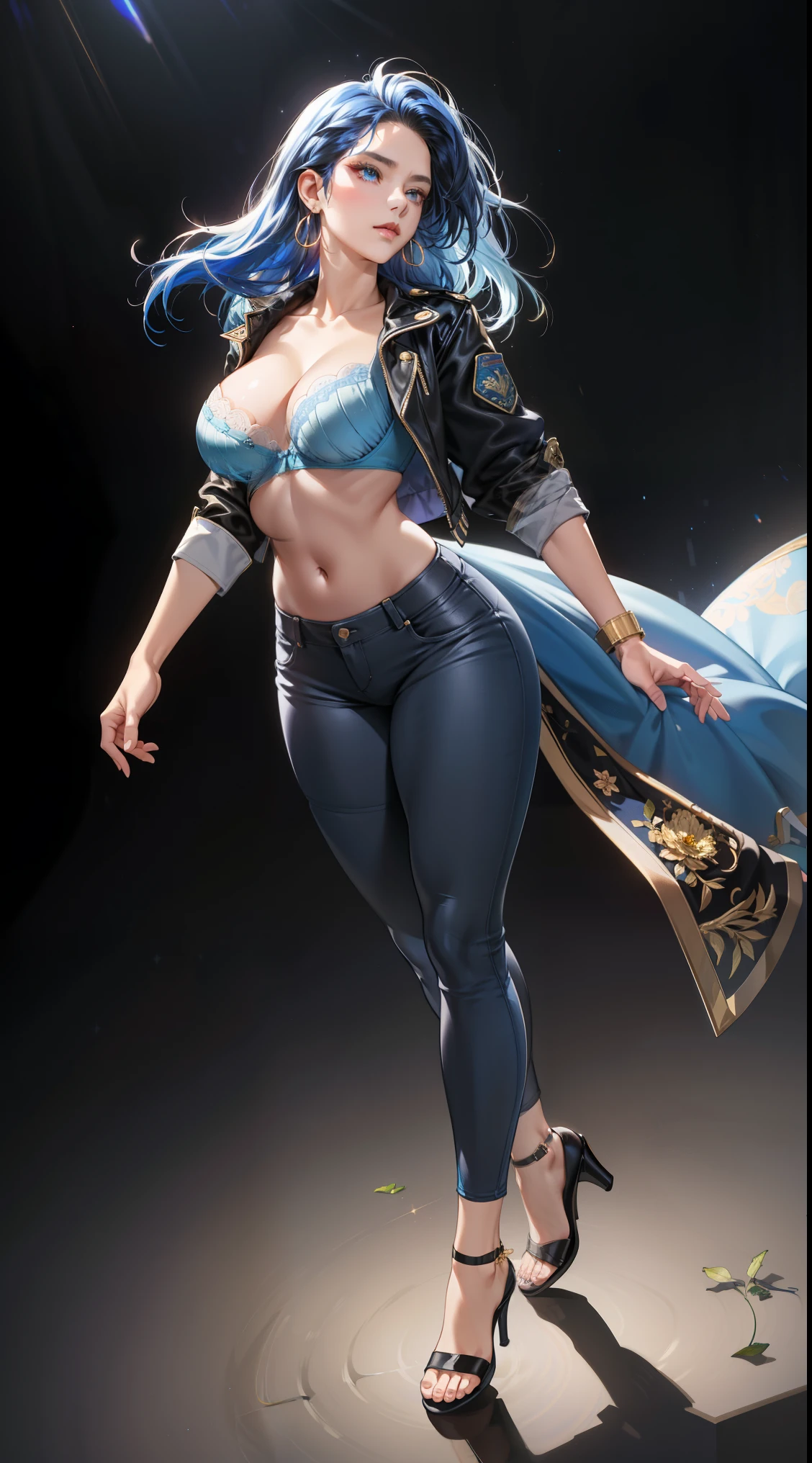 (best quality:1.5, highres, UHD, 4K, detailed lighting, shaders), best quality eyes, perfect hands, perfect finger, blue floral haired, gradient hair, big breasts, blue bra, big thighs,  big butt, blue jacket,  blue long pants, mature woman , (pov), black background, colorful eyeshadow, dramatic lighting, sparkling eyes, sensual expression, golden earrings, flowing hair, delicate facial features, dark skin, high cheekbones, urban setting, full body, black background, dont look for the camera, lean forward,  behind  the camera