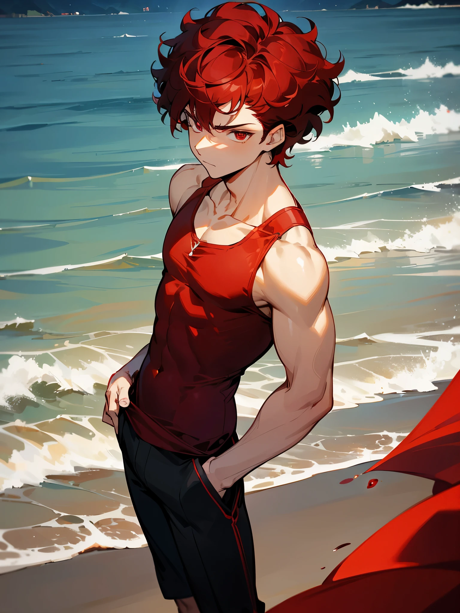 Anime character with red hair standing on beach near ocean - SeaArt AI
