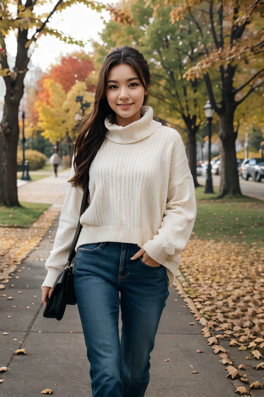 cute girl walkinf in park in fall