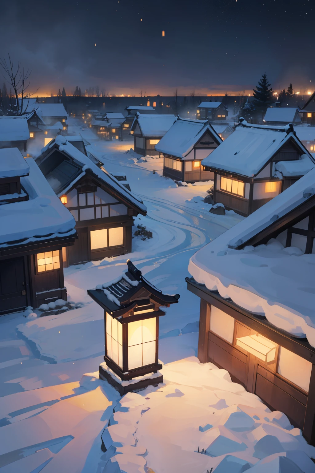 I want a Taishen-era village at night, in the midst of a heavy snowfall. (imagine a serene scene with traditional Japanese-style houses illuminated by oil lamps against the backdrop of a starry and snowy night sky)

The village comes alive with the soft glow of lanterns, casting warm yellow light on the snow-covered ground. (Intricately detailed houses with thatched roofs have thick layers of snow piled on them, giving a cozy and picturesque look.)

Despite the wintry weather, the village appears festive, with twinkling lights and paper lanterns strung across the streets. (Detailed background reveals chimneys