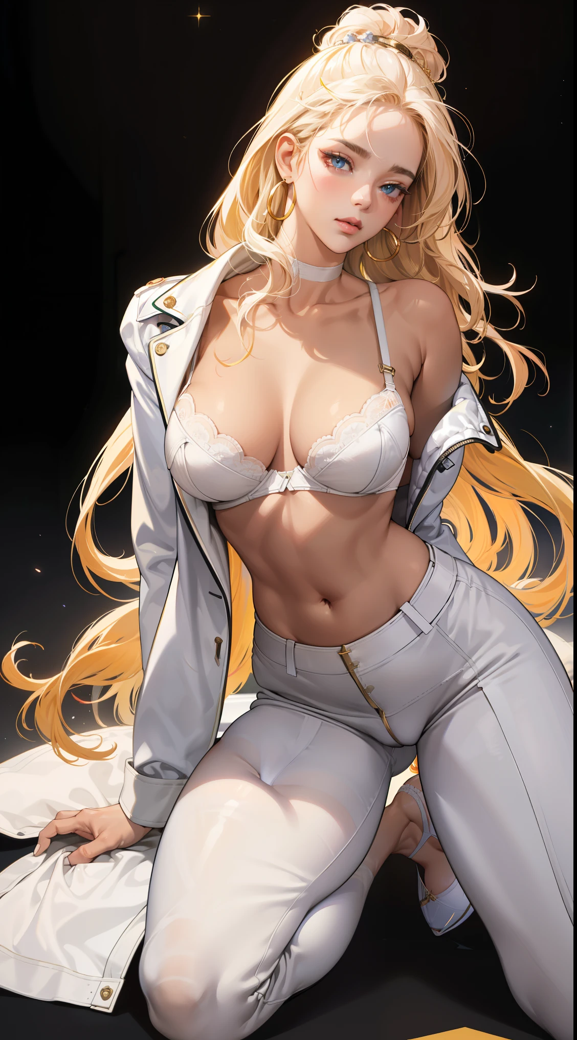 (best quality:1.5, highres, UHD, 4K, detailed lighting, shaders), best quality eyes, perfect hands, perfect finger,   white curly haired, gradient hair, big breasts, white bra, big thighs,  big butt, white 
jacket,  white long pants, mature woman , (pov), black background, colorful eyeshadow, dramatic lighting, sparkling eyes, sensual expression, golden earrings, flowing hair, delicate facial features, dark skin, high cheekbones, urban setting, full body, black background, dont look for the camera, lean forward,  behind  the camera