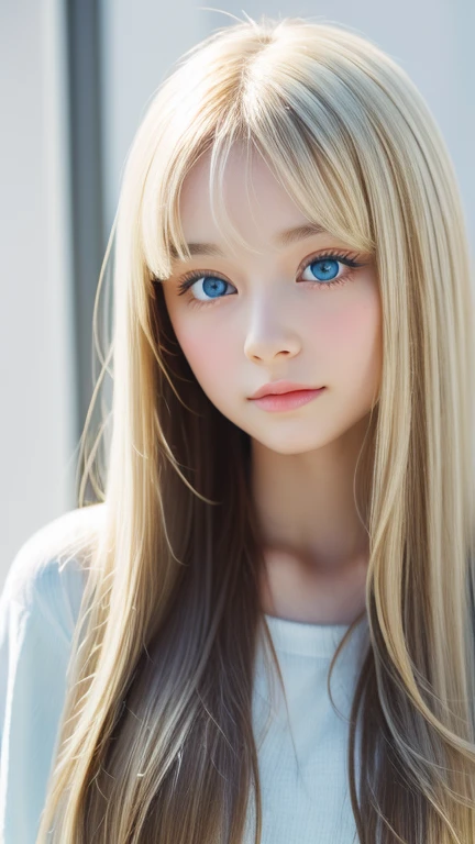 Analogue style portrait of a cute very beautiful young woman with the most beautiful blonde super long straight hair in the world、The bangs between the eyes hang down to the bottom of the nose.、Beautiful, Big, bright, pale blue eyes、skin as white as snow、glowing skin、Big bright light blue eyes that shine so beautifully、Very big bright eyes、very bright eye highlights、cheek highlights