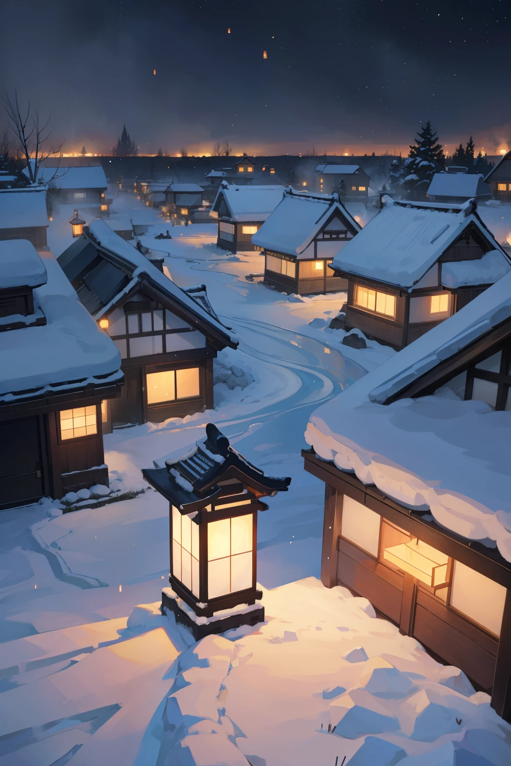 I want a Taishen-era village at night, in the midst of a heavy snowfall. (imagine a serene scene with traditional Japanese-style houses illuminated by oil lamps against the backdrop of a starry and snowy night sky)
The village comes alive with the soft glow of lanterns, casting warm yellow light on the snow-covered ground. (Intricately detailed houses with thatched roofs have thick layers of snow piled on them, giving a cozy and picturesque look.)
Despite the wintry weather, the village appears festive, with twinkling lights and paper lanterns strung across the streets. (Detailed background reveals chimneys