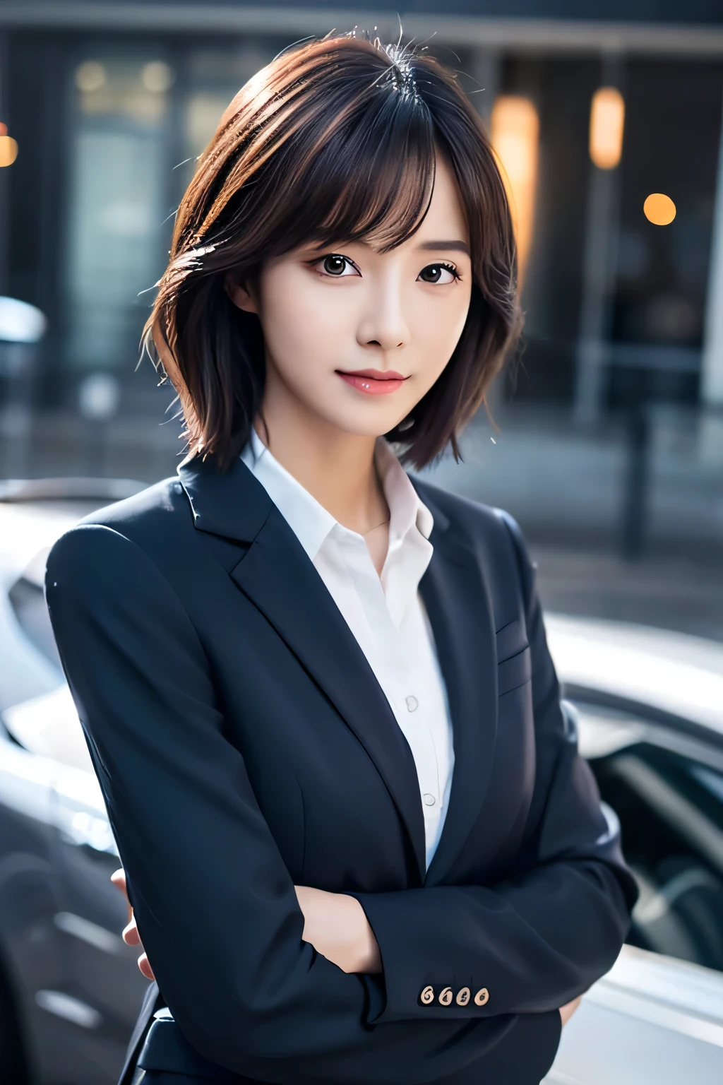 highest quality、Photoreal、8K、High resolution、perfect lighting、Gorgeouasterpiece、realistic、whole body、
1 girl、sharp eyes、office、short bob、Suit 1.2