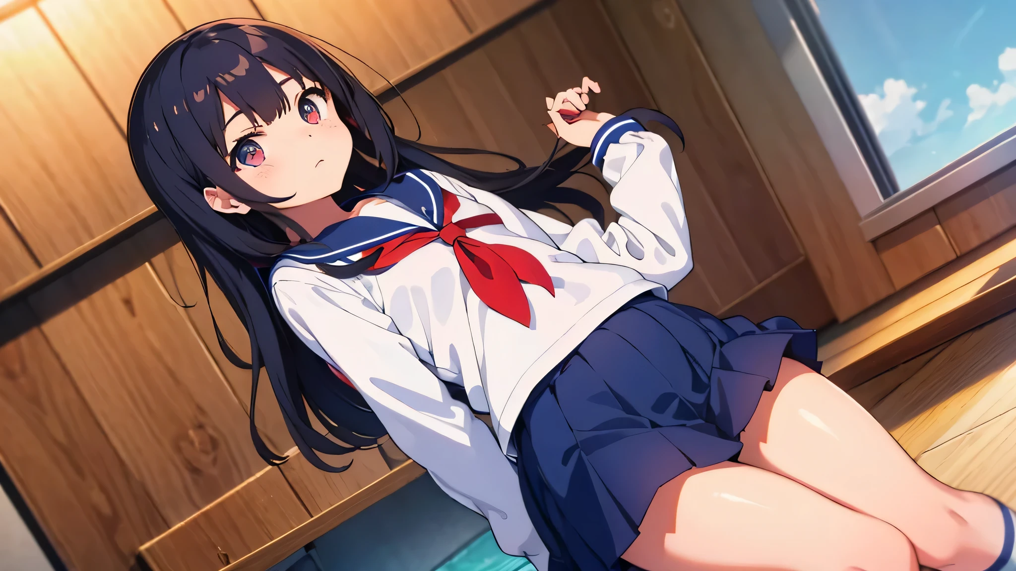 school gymnasium elementary school girl flat chestlhair long hair White blue eye white sailor uniform navy blue miniskirt pink (panties are visible)