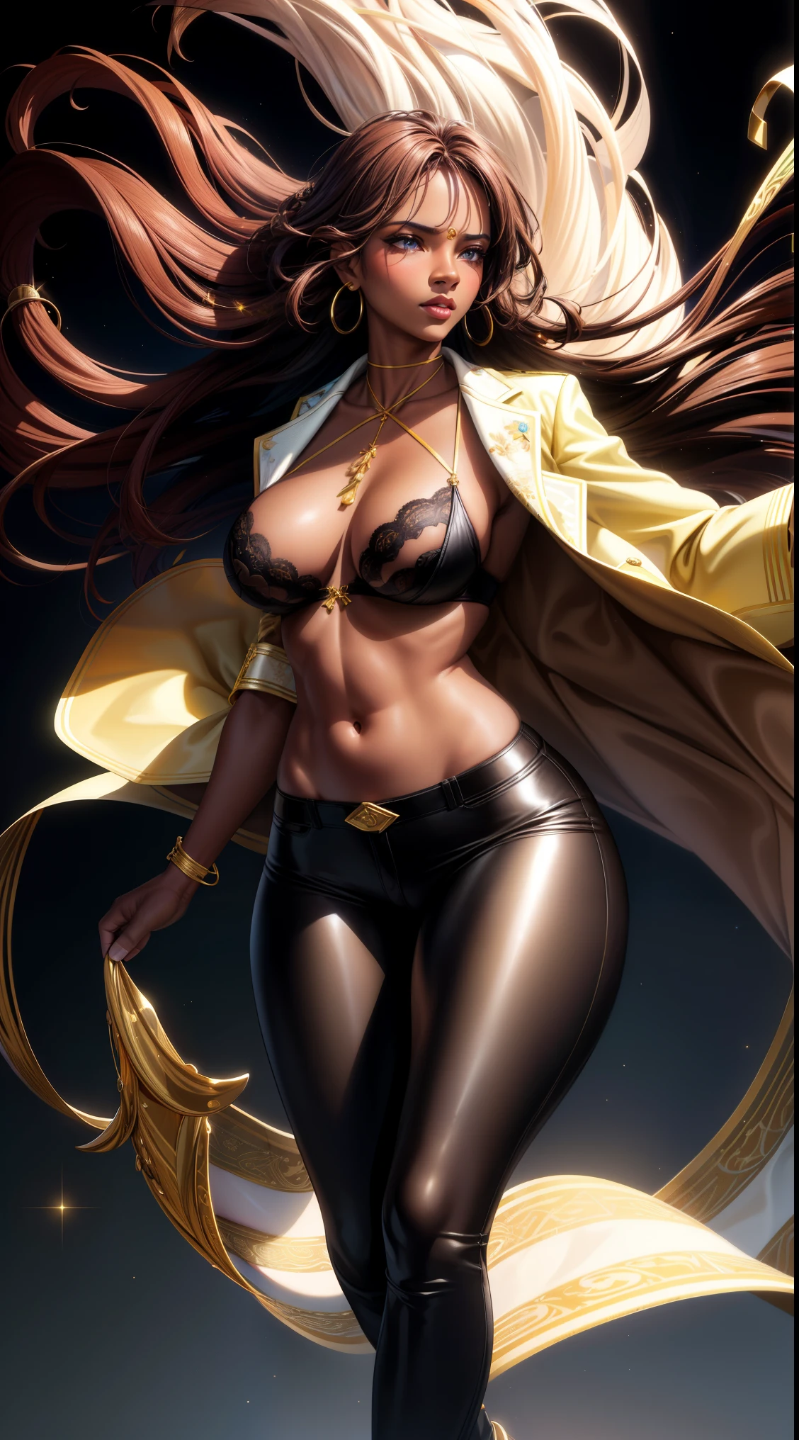 (best quality:1.5, highres, UHD, 4K, detailed lighting, shaders),  best quality eyes, perfect hands, perfect finger brown floral haired, gradient hair, big breasts, brown bra, big thighs,  big butt, brown jacket , brown long pants, mature woman , (pov), black background, colorful eyeshadow, dramatic lighting, sparkling eyes, sensual expression, golden earrings, flowing hair, delicate facial features, dark skin, high cheekbones, urban setting, full body, black background, dont look for the camera, lean forward,  behind  the camera