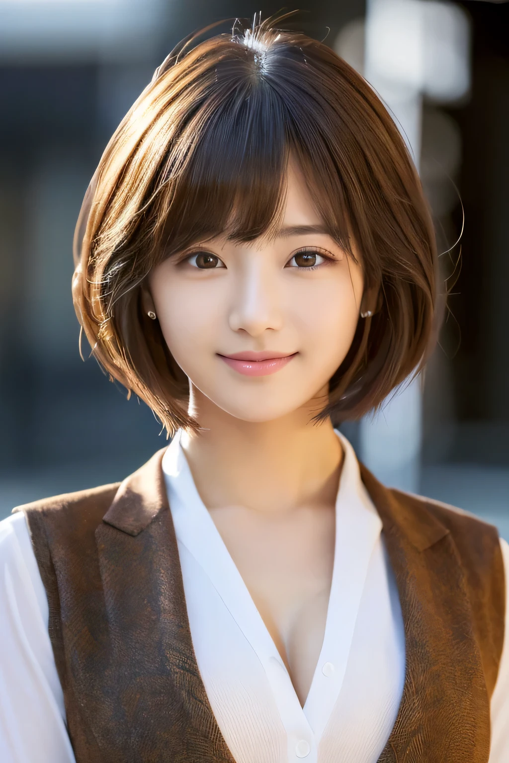 (masterpiece:1.3), (8K, Photoreal, RAW photo, best image quality: 1.4), Japanese high school girl、(random hairstyle:1.2)、cleavage:1.2、super detail face、eye for details、double eyelid、chest to chest、sharp focus:1.2、Beautiful woman:1.4、light brown hair、highest quality、masterpiece、超A high resolution、(Photoreal:1.4)、Highly detailed and professionally lit smiles、suit、thin、serious expression、short haired、deadly position