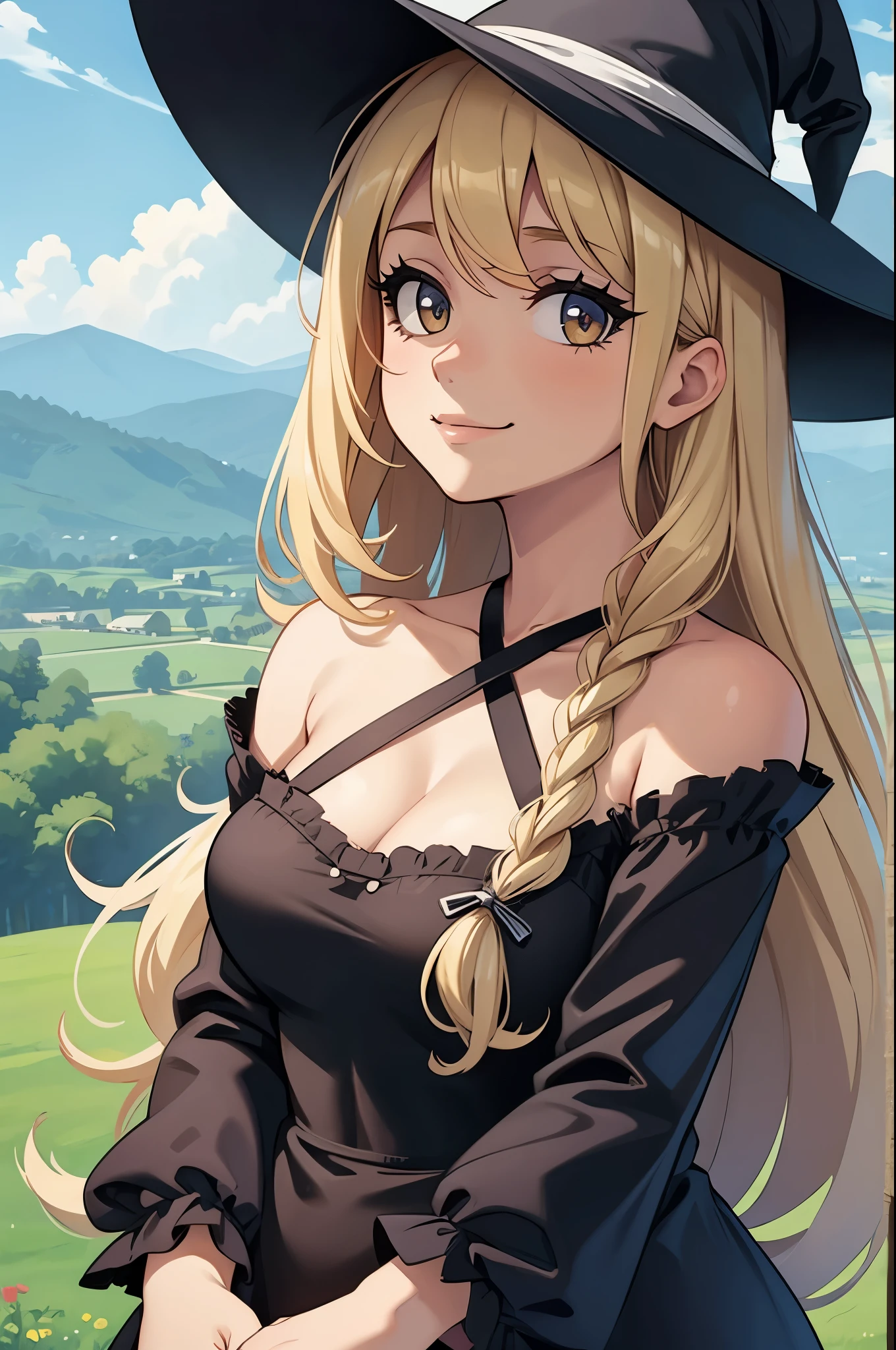 (masterpiece, official art), 1girl, solo, thick, curvy, curvaceous, blonde hair, brown eyes, messy hair, wavy hair, side braid, witch, witch hat, (marisa kirisame:1.2), (maid dress), (closeup), portrait, (small breasts), standing, view from front, countryside, sunlight, looking at viewer, (upper body), smile, seductive, alluring attire, open shoulders