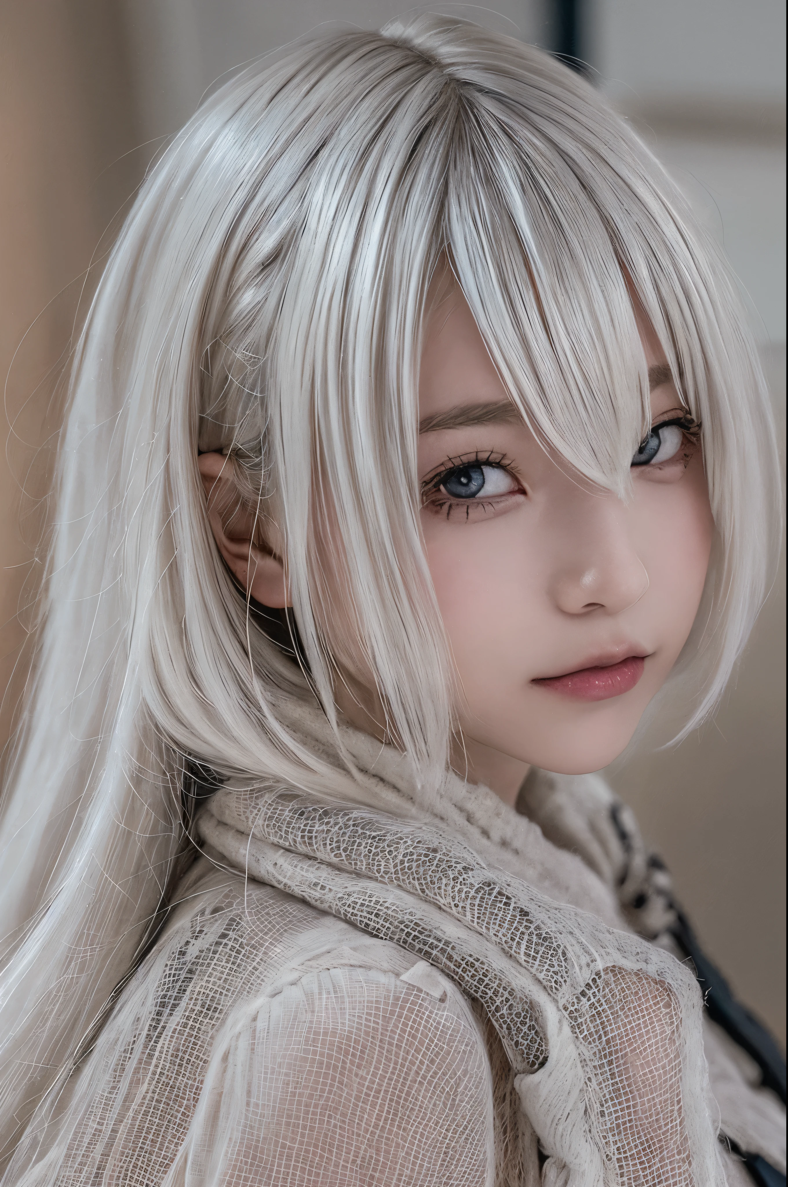 ((high quality)),table top,(Detailed depiction of local details:1.2),1 Japanese girl,(plump breasts:1.3),Enchanted Valley,closed mouth,eyelash,looking at the viewer,portrait,alone,Upper body,gray hair,white theme,short hair,silver hair,Yoruhano. 2 Type B,