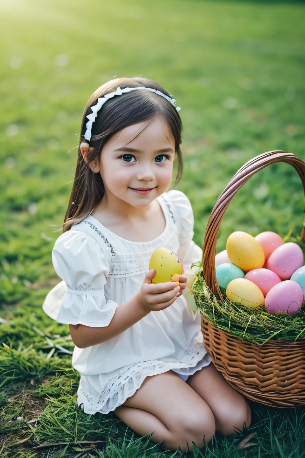 Incredible, raw and ultra-realistic photo capturing the essence of Easter. A with authentic Russian features is seated gracefully in the lush green grass. The scene is adorned with beautifully painted Easter eggs scattered across the grass, adding a touch of vibrant color to the composition. Nestled beside the is a charming wicker basket filled with adorable little chickens, their fluffy feathers and innocent eyes radiating pure joy. This Easter-themed masterpiece is a visual treat, meticulously crafted with astonishing realism. The intricate details on the girl's skin are flawlessly captured, immersing the viewer in an unparalleled sensory experience. The photo is destined for publication, showcasing its raw and captivating style that effortlessly captivates the audience. Prepare to be