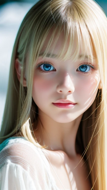 Analogue style portrait of a cute very beautiful young woman with the most beautiful blonde super long straight hair in the world、The bangs between the eyes hang down to the bottom of the nose.、Beautiful, Big, bright, pale blue eyes、skin as white as snow、glowing skin、Big bright light blue eyes that shine so beautifully、Very big bright eyes、very bright eye highlights、cheek highlights、small face beauty、