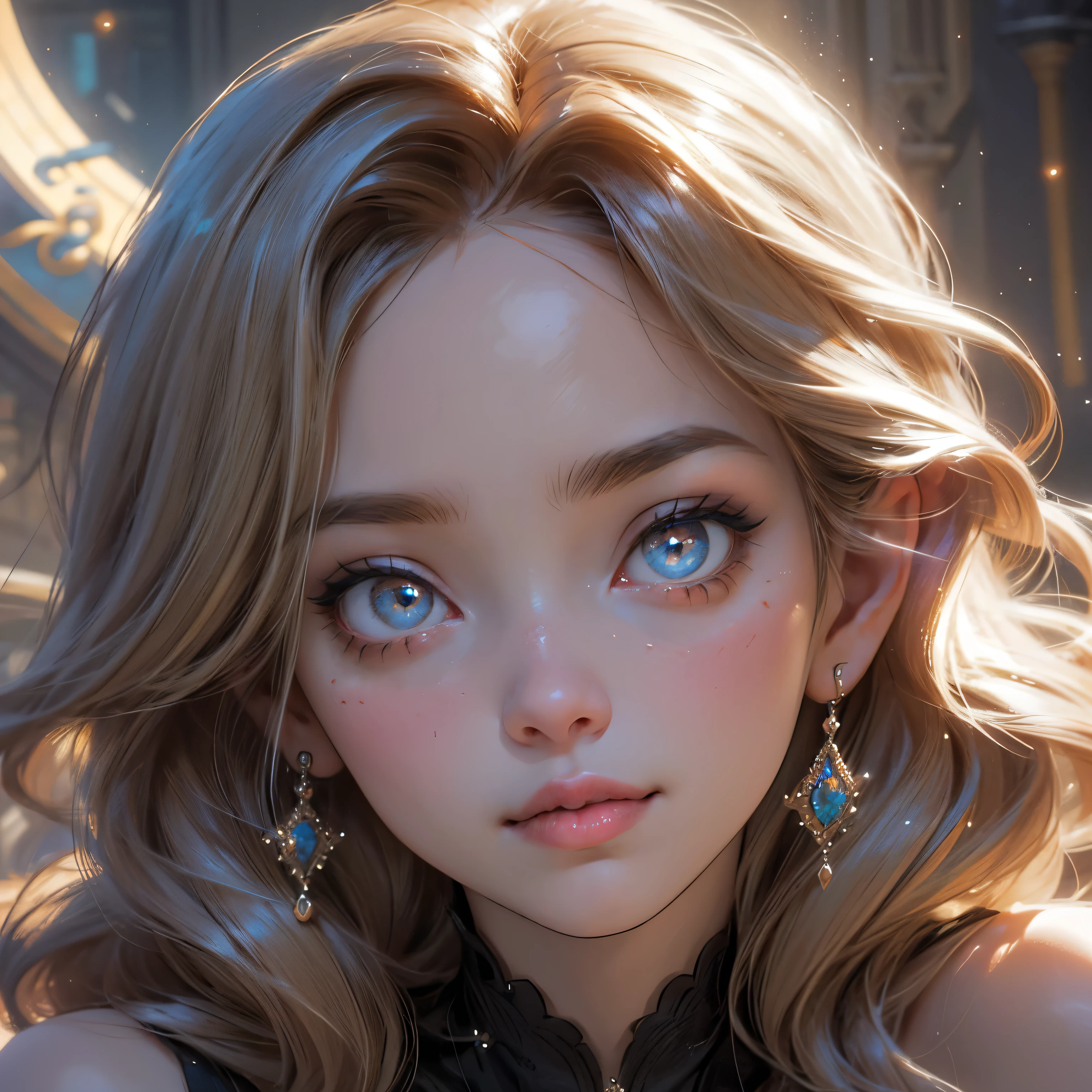 a woman,solo,masterpiece,best quality,highres,Extreme detaildelicate face, glowing hair,Extreme detaildelicate eyes,(face alignment),fair complexion,Exquisite hairstyle,light-colored lips,A charming smile.Strong sense of detail and layer,rich and gorgeous color,with a unique sense of texture, Rich color, color harmony, vivid painting ,design,16k,hyper detailed, abstractionism, cute big eyes, sparkles in eyes