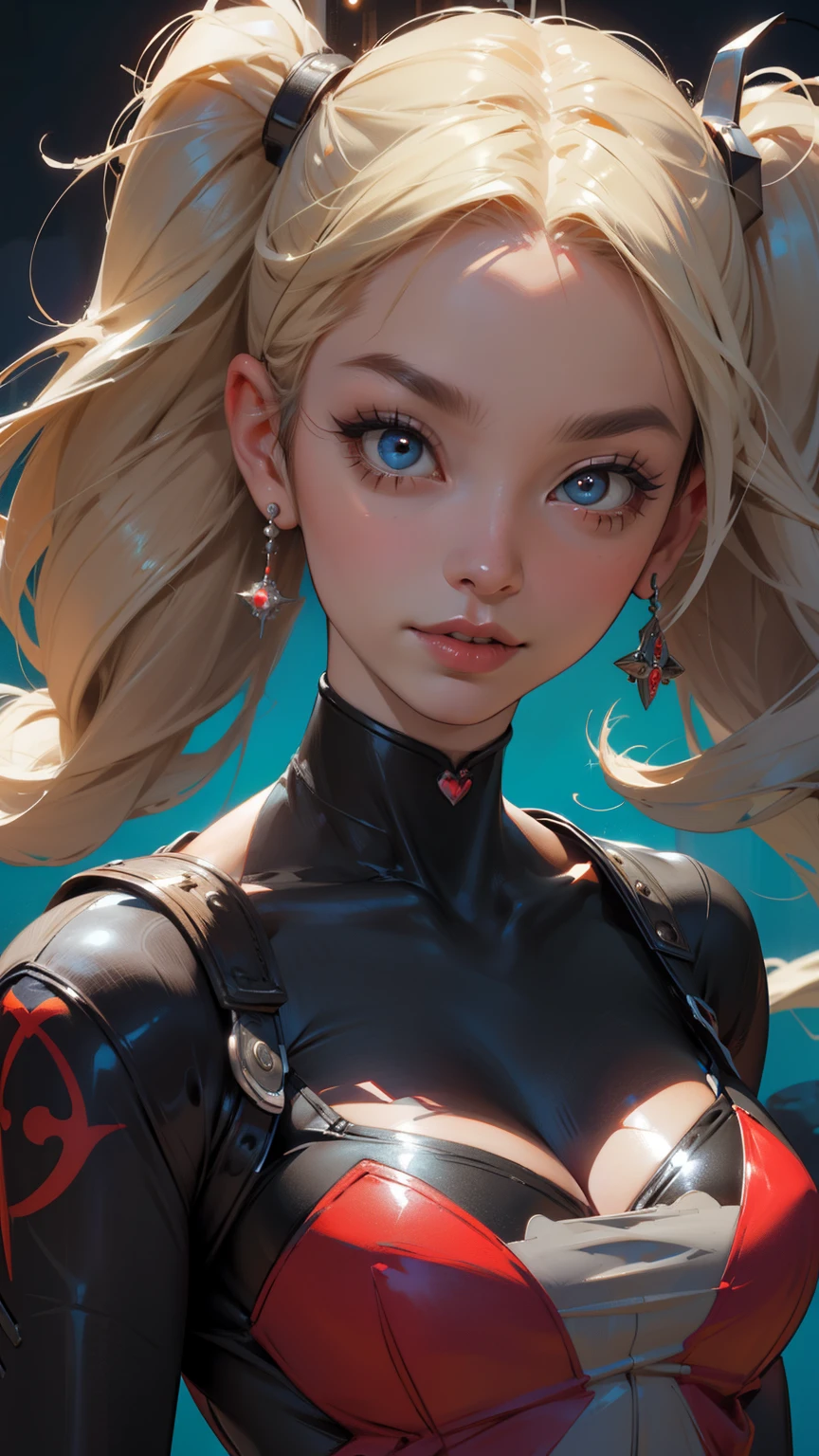 harley quinn,solo,masterpiece,best quality,highres,Extreme detaildelicate face,Extreme detaildelicate eyes,(face alignment),fair complexion,Exquisite hairstyle,light-colored lips,A charming smile.Strong sense of detail and layer,rich and gorgeous color,with a unique sense of texture, Rich color, color harmony, vivid painting ,design,16k,hyper detailed, abstractionism, cute big eyes, sparkles in eyes
