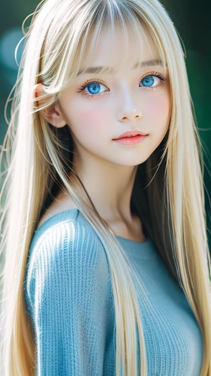 Analogue style portrait of a cute very beautiful young woman with the most beautiful blonde super long straight hair in the world、The bangs between the eyes hang down to the bottom of the nose.、Beautiful, Big, bright, pale blue eyes、skin as white as snow、glowing skin、Big bright light blue eyes that shine so beautifully、Very big bright eyes、very bright eye highlights、cheek highlights、small face beauty、