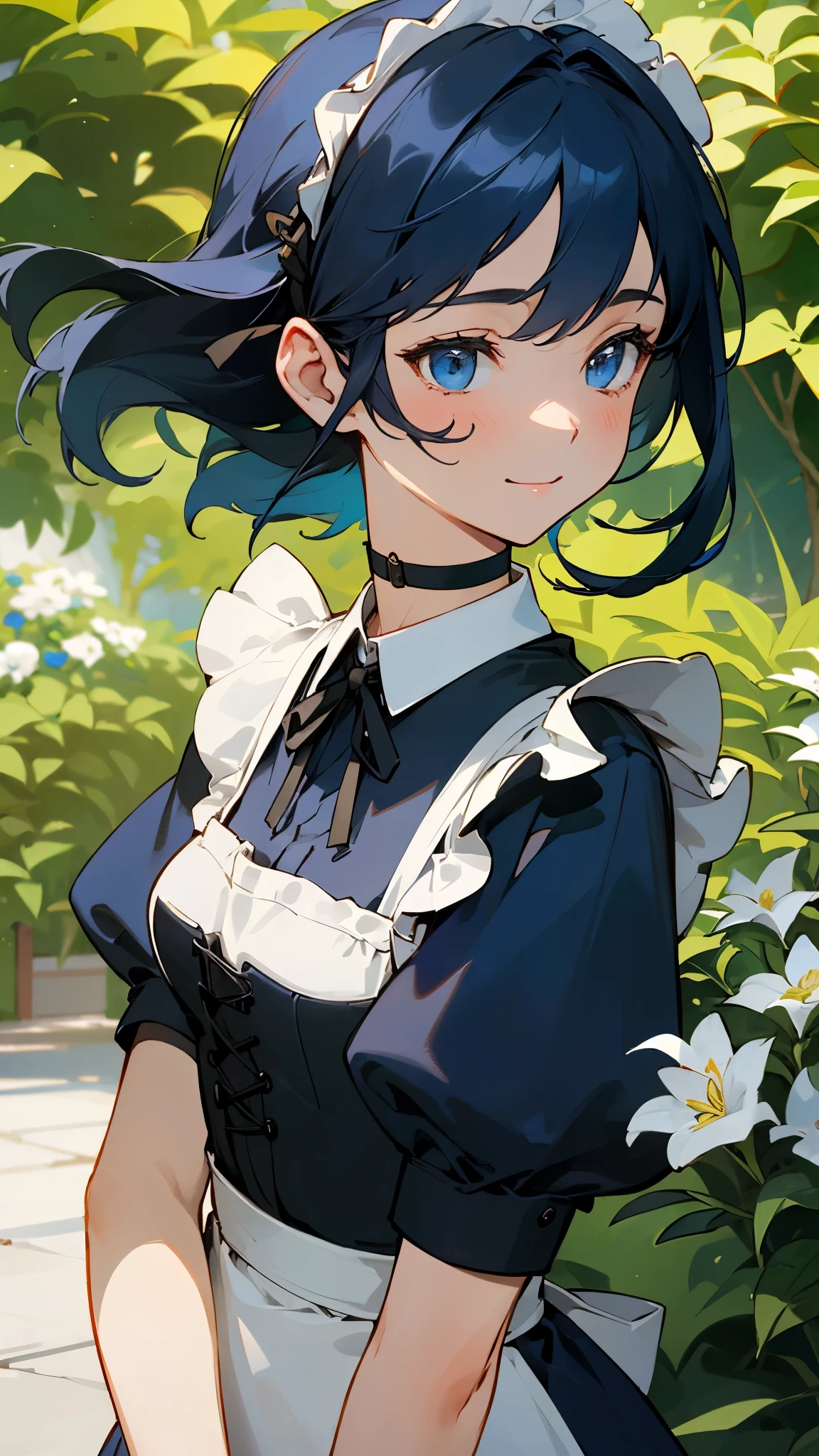 very delicate、1 beautiful girl、highest quality、masterpiece、super detailed illustrations、upper body close-up、the most knowledgeable girl、dark blue hair、blue eyes、smile、round face、colored skin、perfect female body、From the side、Shirred maid dress、apron、Corset with straps、headband、Choker Ribbon、cufflinks、shiny、outdoor、garden、bright、cinematic lighting、sharp outline