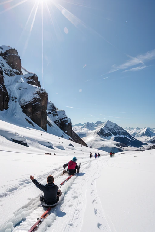 a man and a woman sliding down an ice mountain