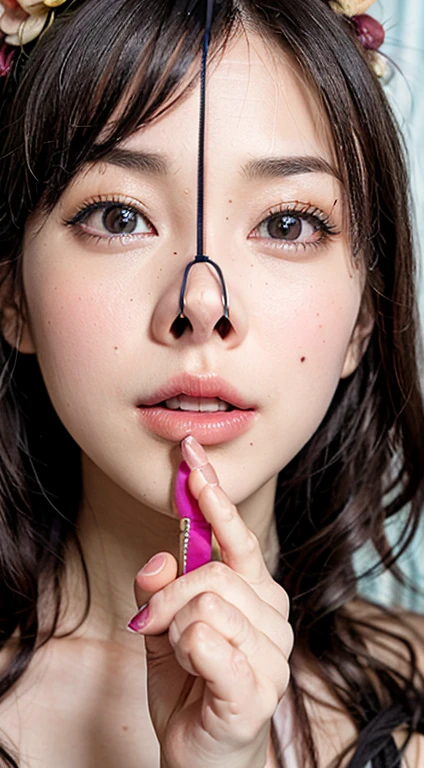 Fashion trendy beautiful and attractive woman, ,(Top quality realistic textured skin:1.4), fine eyes, detailed face, high quality eyes, focus the eyes clearly, nose and mouth,face focus, delicate and sexy clavicle, attractive oval face, double eyelid, Smart peach blossom eyes, pink lips, small nose, bare shoulders, focus on face, close up of face, ultra high resolution, Super detailed, full body photo, Ultra thin and transparent,cinematic lighting,rim light,((Blonde Hair Color))､Completely naked,(nsfw),(((全身Completely naked))),(((((nsfw))))),(((full body shot))),((The nostrils are pointing upwards)),(nostrils are pointing upwards:1.4),(((Nose Hook上に引っ張る:1.4))),((((((Very big nose))))))