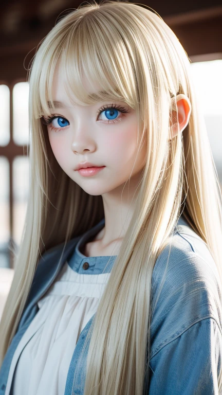 Analogue style portrait of a cute very beautiful young woman with the most beautiful blonde super long straight hair in the world、The bangs between the eyes hang down to the bottom of the nose.、Beautiful, Big, bright, pale blue eyes、skin as white as snow、glowing skin、Big bright light blue eyes that shine so beautifully、Very big bright eyes、very bright eye highlights、cheek highlights、small face beauty、