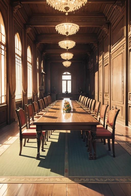 a long palace council table with distinguished chairs standing in a stone floored palace hall 