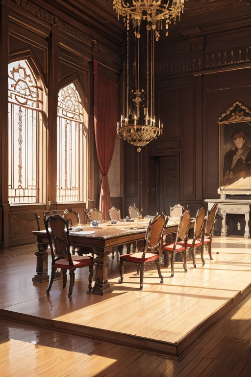 a long palace council table with distinguished chairs standing in a stone floored palace hall